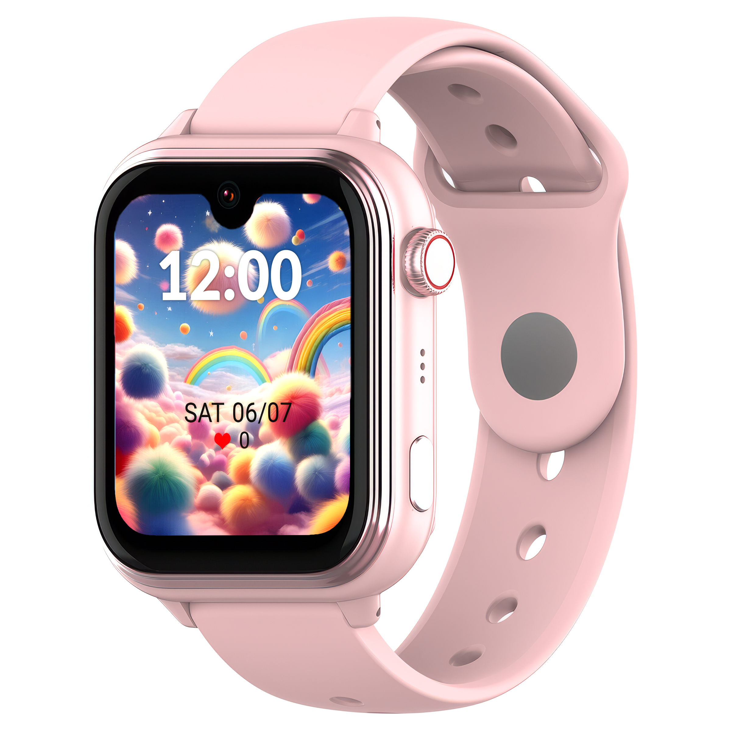 Różowy smartwatch z kolorową, kreskówkową tarczą zegarka z chmurami i tęczą.
