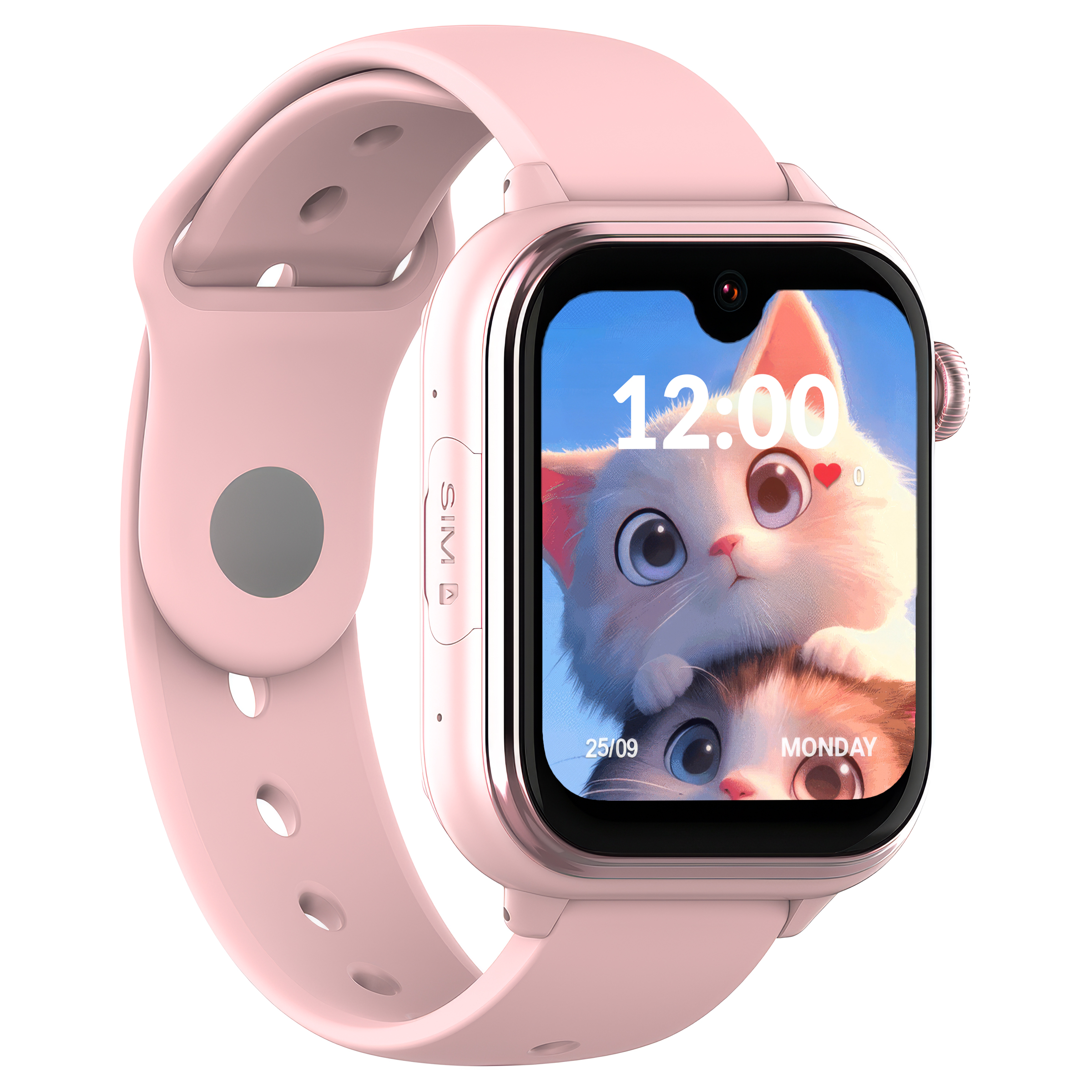 Różowy smartwatch z ekranem kota i godziną 12:00.