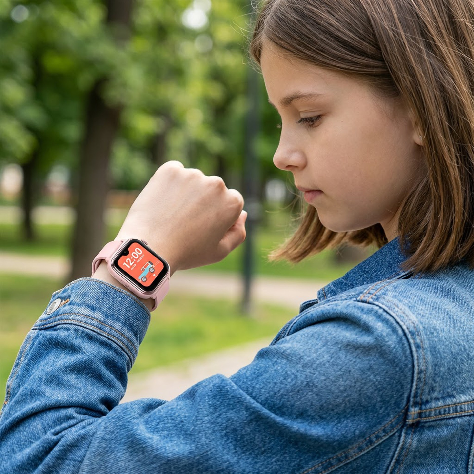 Dziewczynka w różowej smartwatch na zewnątrz