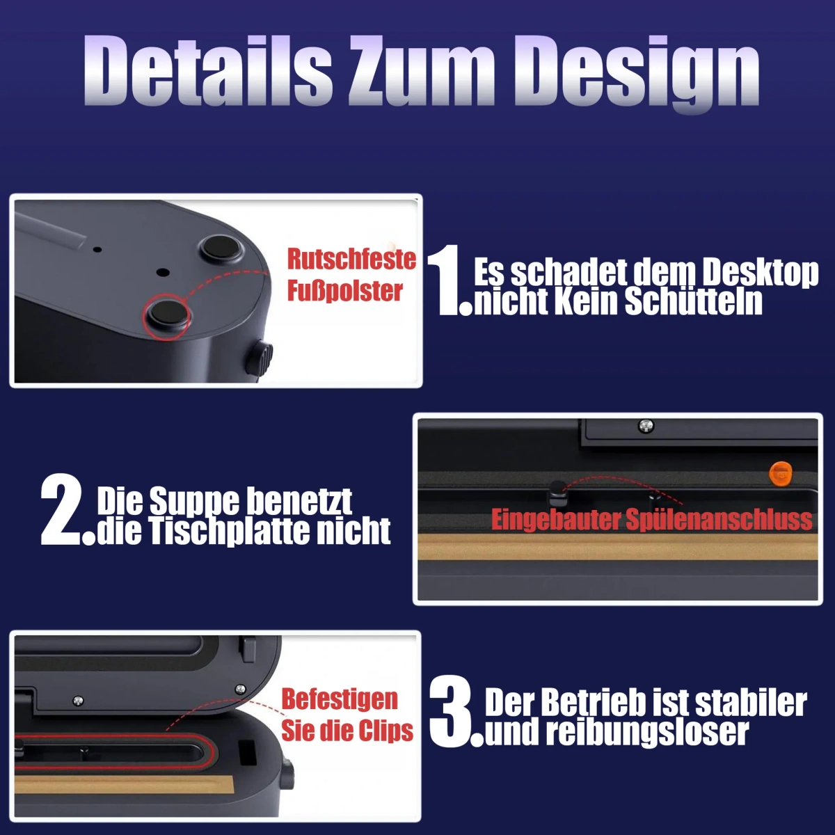 Produkt-Design-Details: rutschfeste Füße, kein Schütteln, kein Verschütten, Clips befestigen.