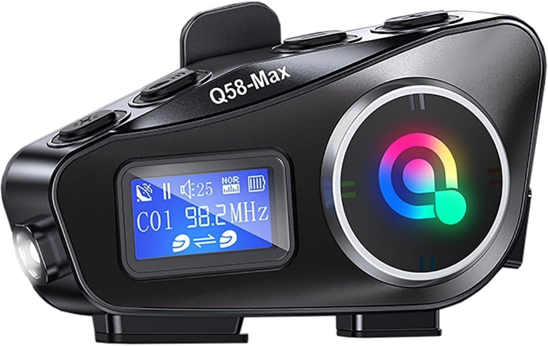 Schwarz Q58-Max Kommunikator mit beleuchtetem Q-Logo und LCD-Display.