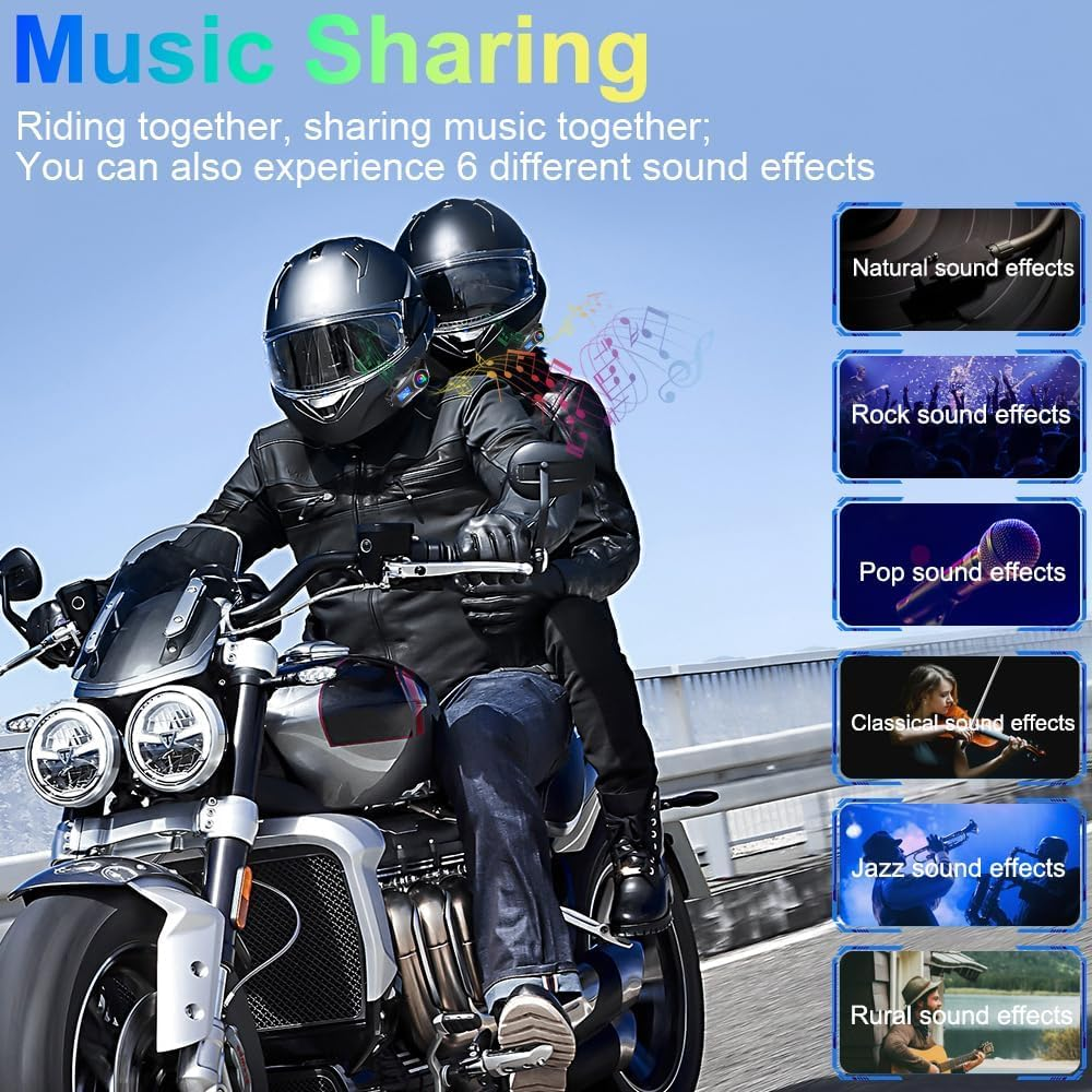 Zwei Personen auf einem Motorrad, die Musik teilen und Soundeffekte erleben.