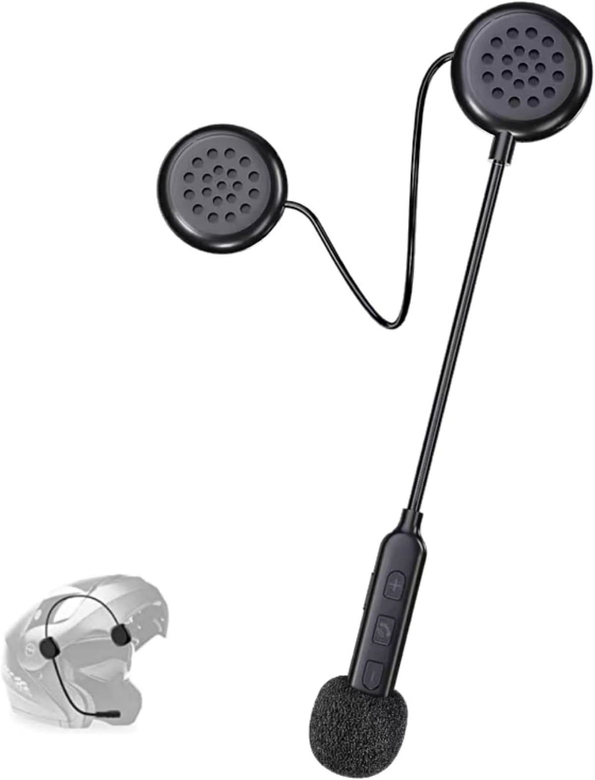 Ein schwarzes Motorradhelm-Headset mit Mikrofon und Ohrstöpseln.