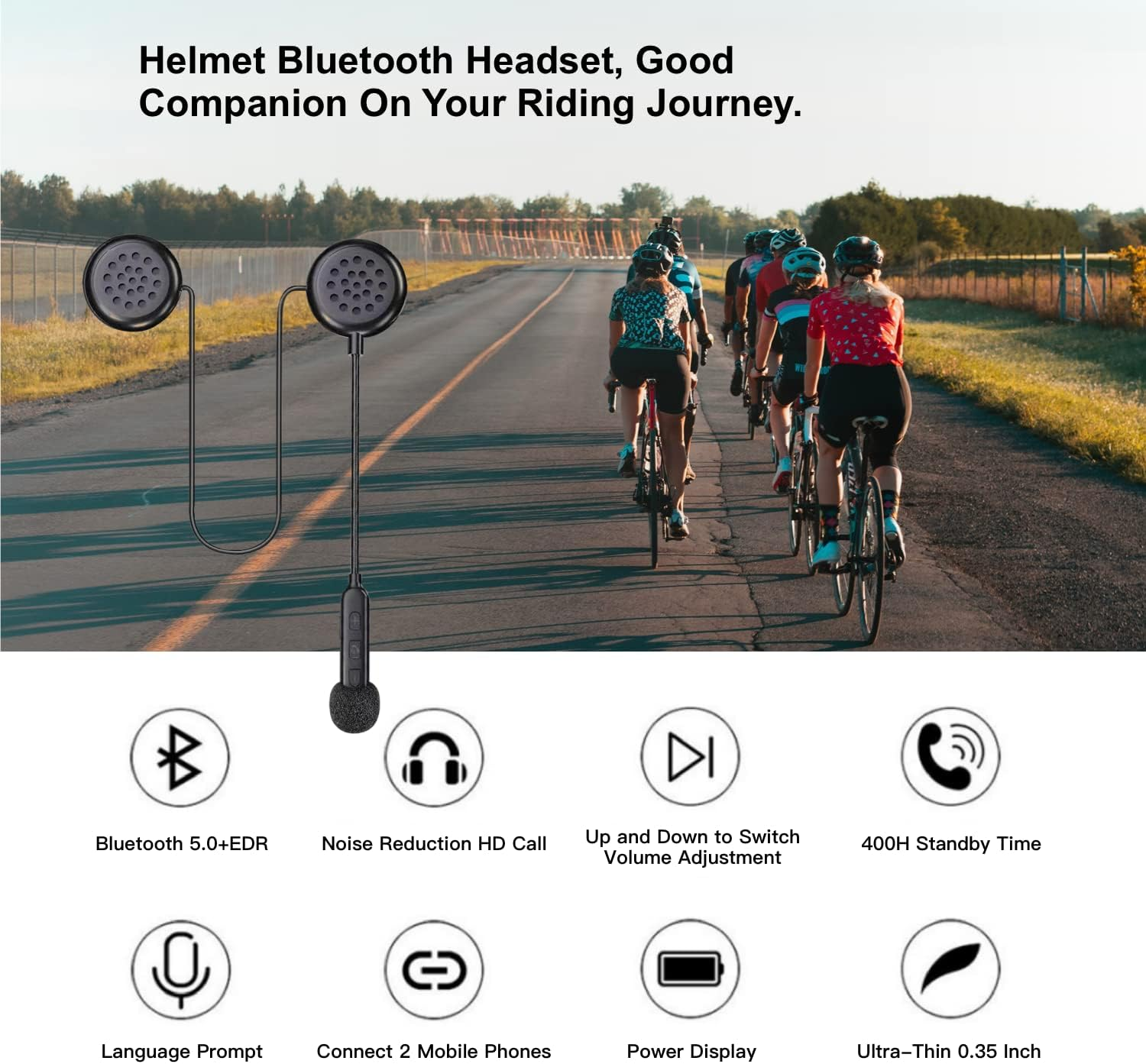 Helm-Bluetooth-Headset und Radfahrer auf einer Straße.