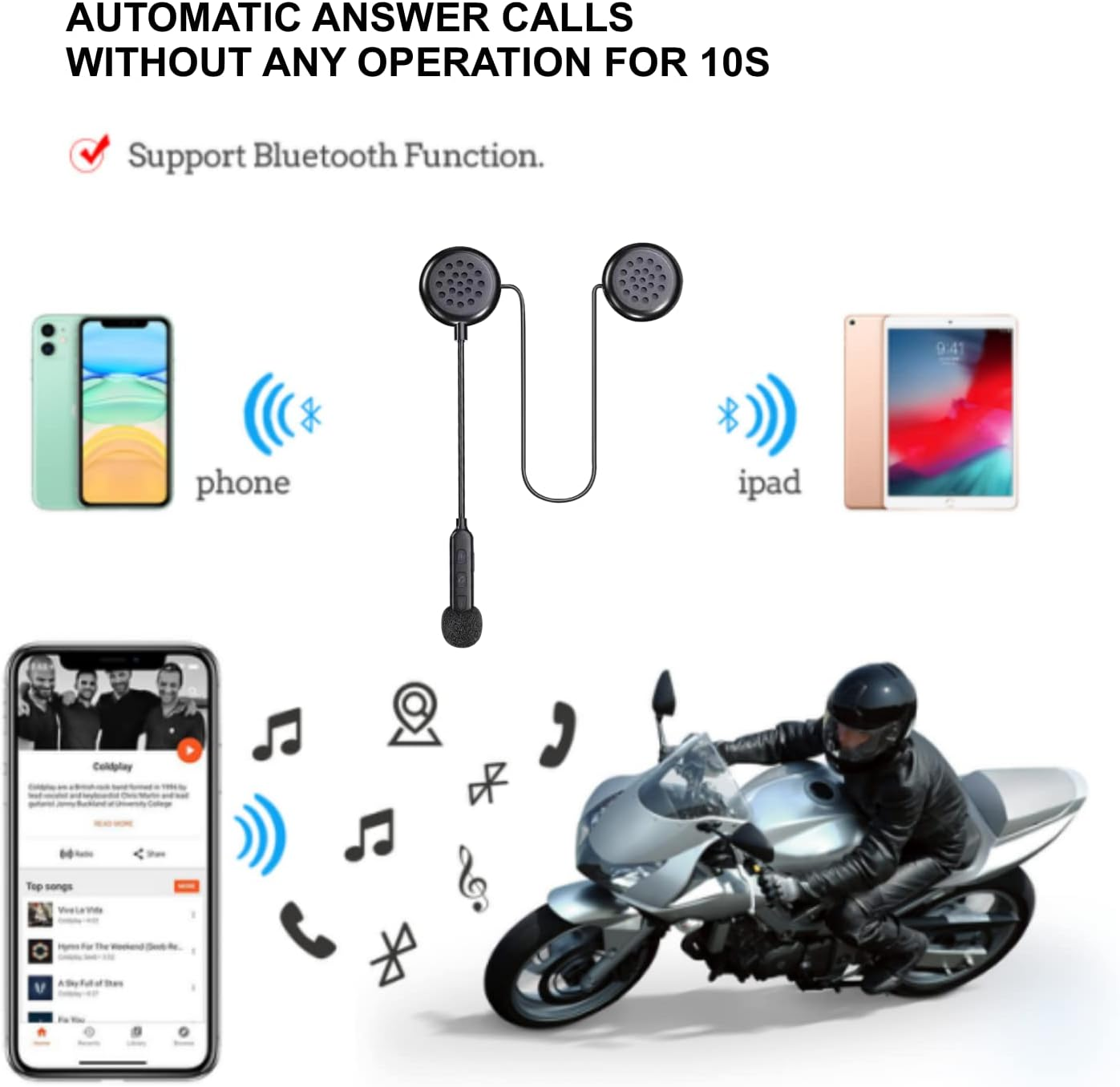 Motorrad-Helm-Headset mit Telefon und iPad-Symbolen, einem Motorradfahrer und Musiknoten.