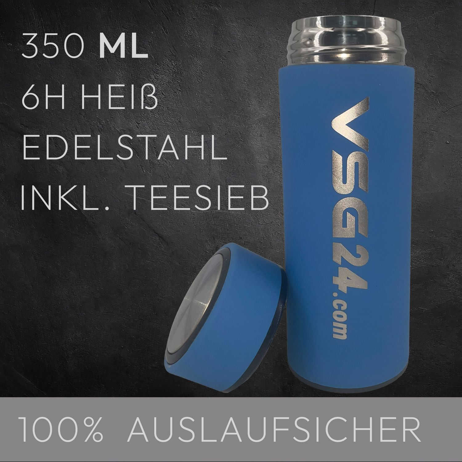 Blaue Edelstahl-Thermoskanne mit Deckel, 350ml, VSG24.com Logo.