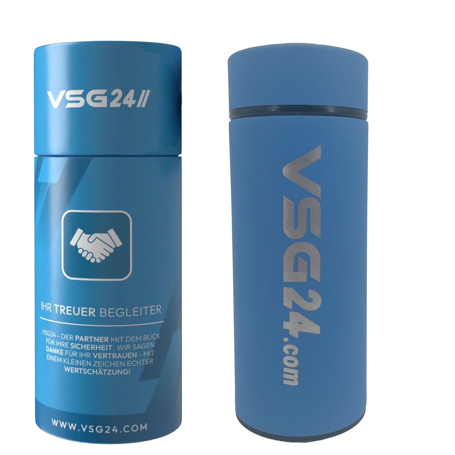 Zwei blaue Flaschen mit VSG24-Logo und Text.