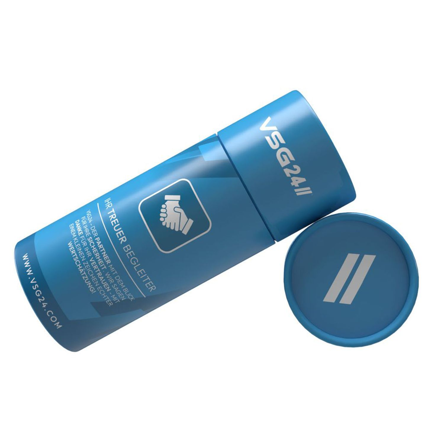 Blauer Zylinder mit VSG24-Logo und Text. Ein Kreisdeckel liegt daneben.
