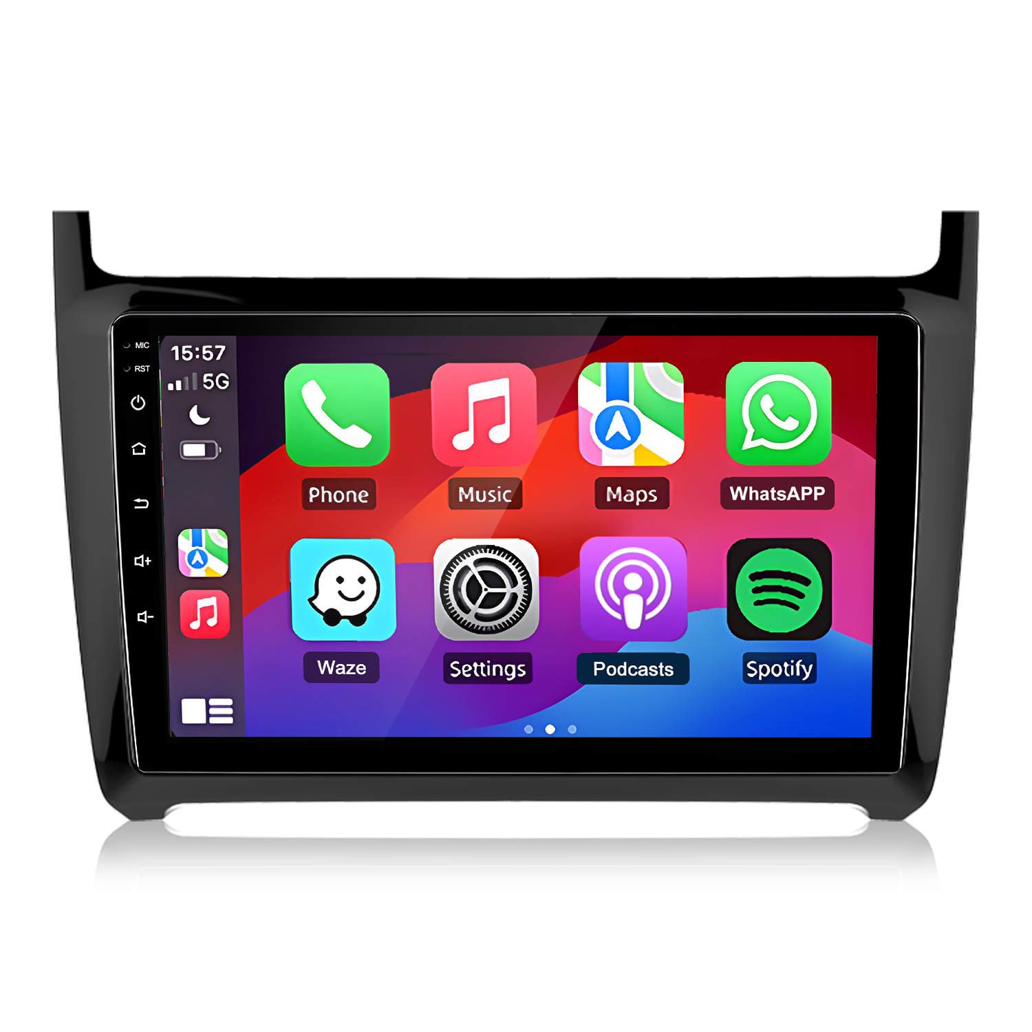 Ein Auto-Infotainment-System zeigt App-Icons: Telefon, Musik, Karten, WhatsApp.