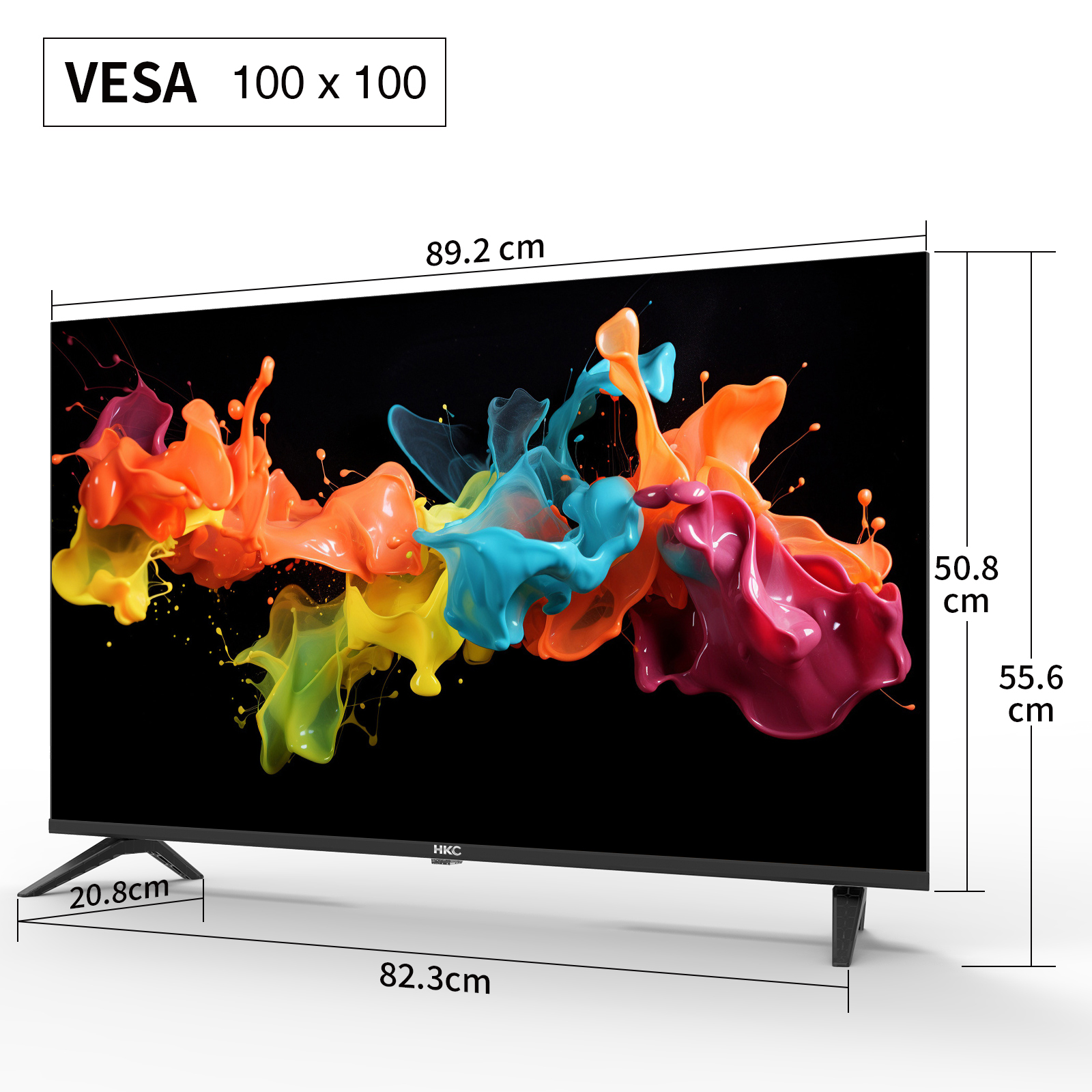 A modern black TV displaying a colorful paint splash graphic.
