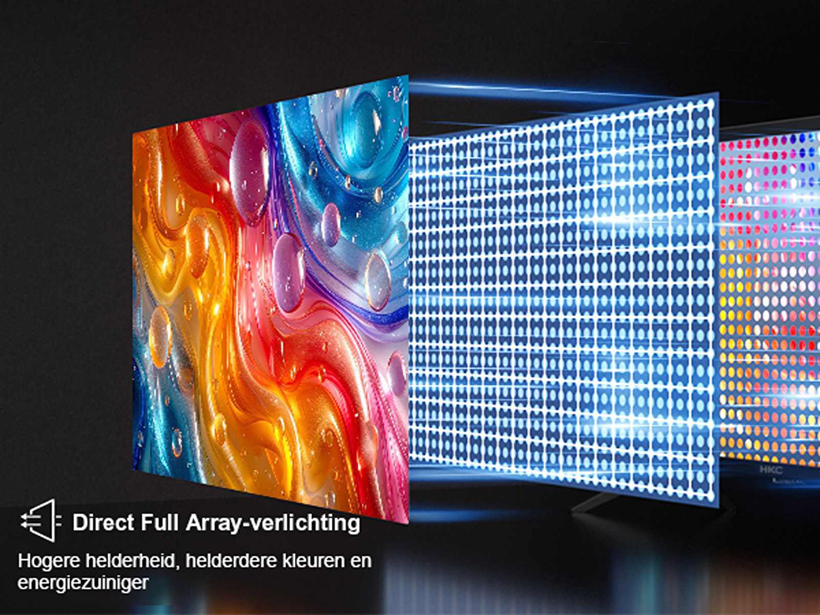 Flat screen displaying abstract colorful art with illuminated back panel.