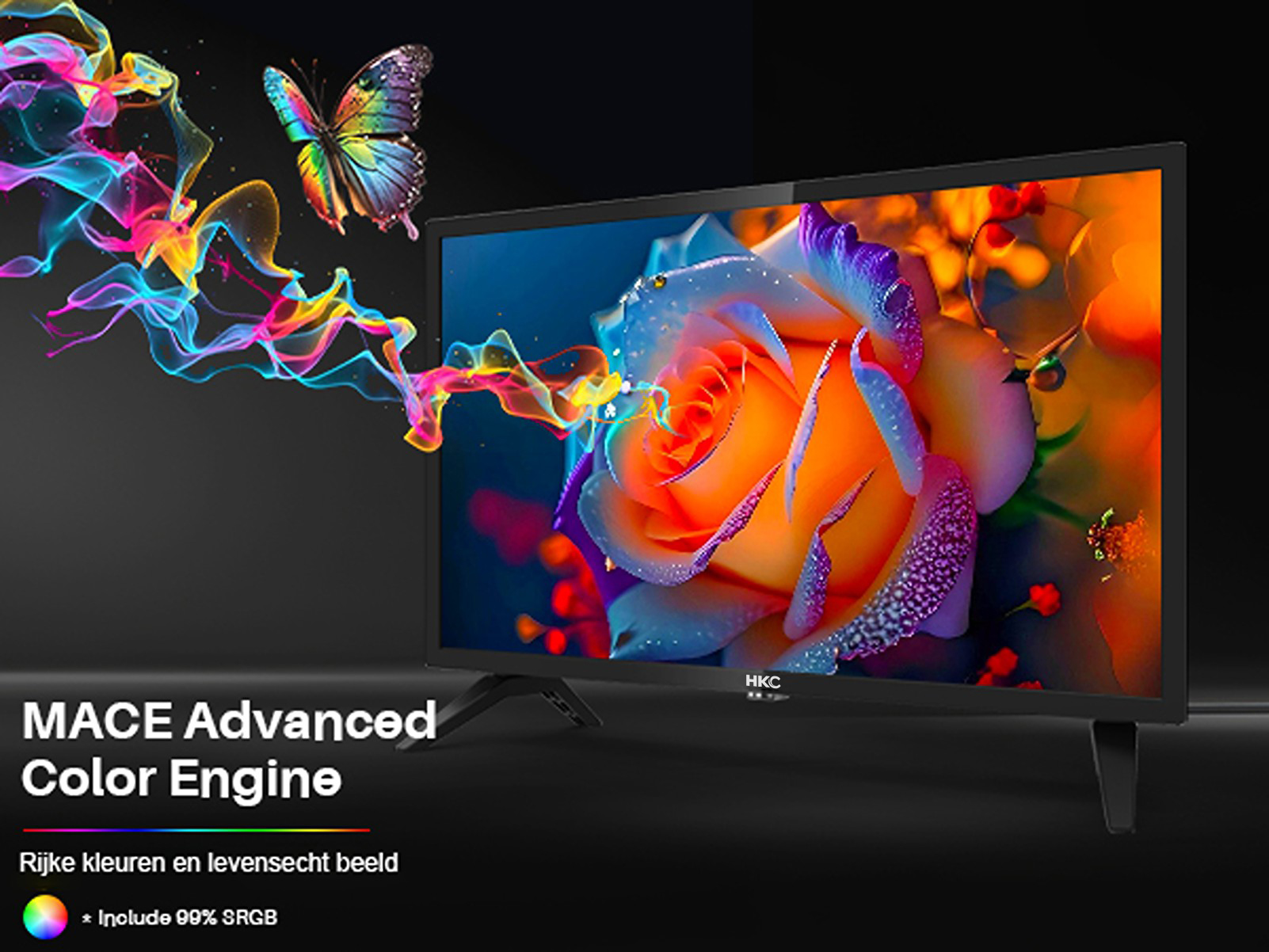 A colorful butterfly flies over a flower on a television screen.