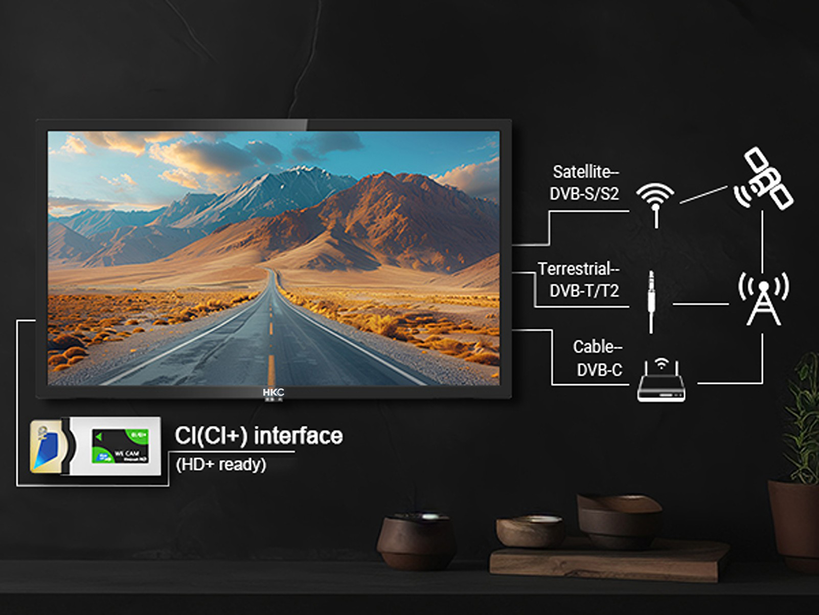 A TV displays a road in a mountain landscape. Connections for satellite, terrestrial, and cable.