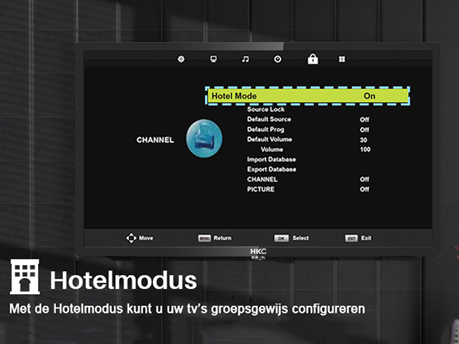 TV menu showing "Hotel Mode" option "On", "Channel" icon and settings.