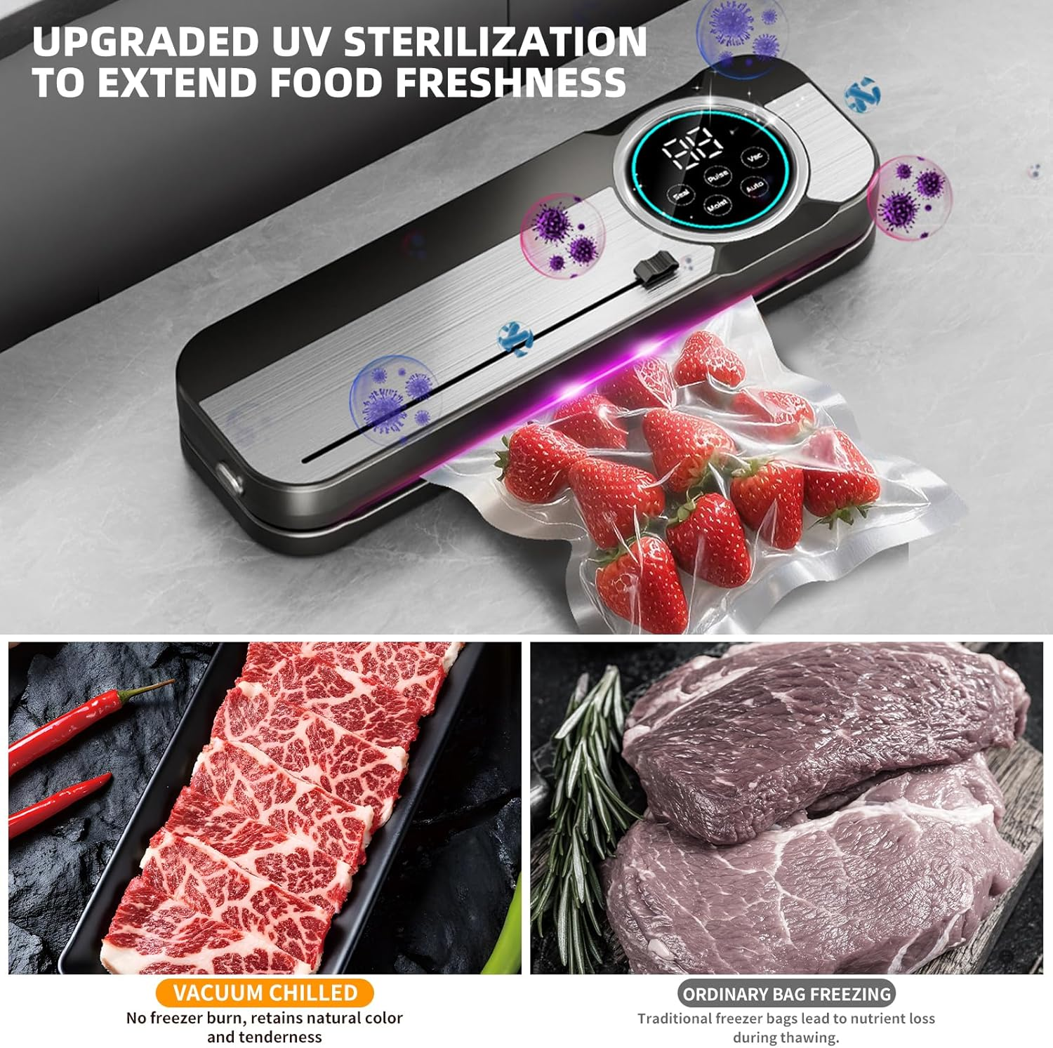 Vakuumierer mit Erdbeeren, rotem Fleisch und Steak. UV-Sterilisation