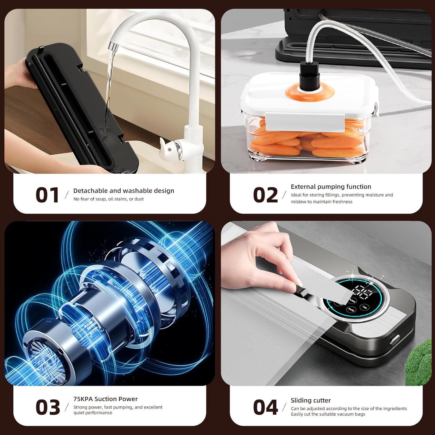 Vier Bilder zeigen Merkmale eines Vakuumiergeräts: abnehmbares Design, externe Pumpe, Saugkraft und Schneidwerkzeug.