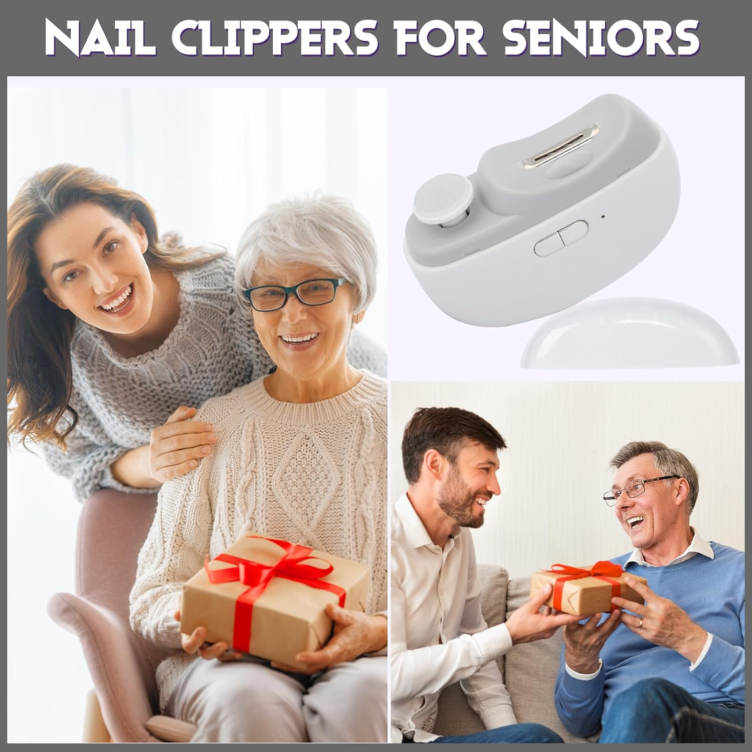 Collage zeigt Senioren, die Geschenke und einen Nagelknipser erhalten.