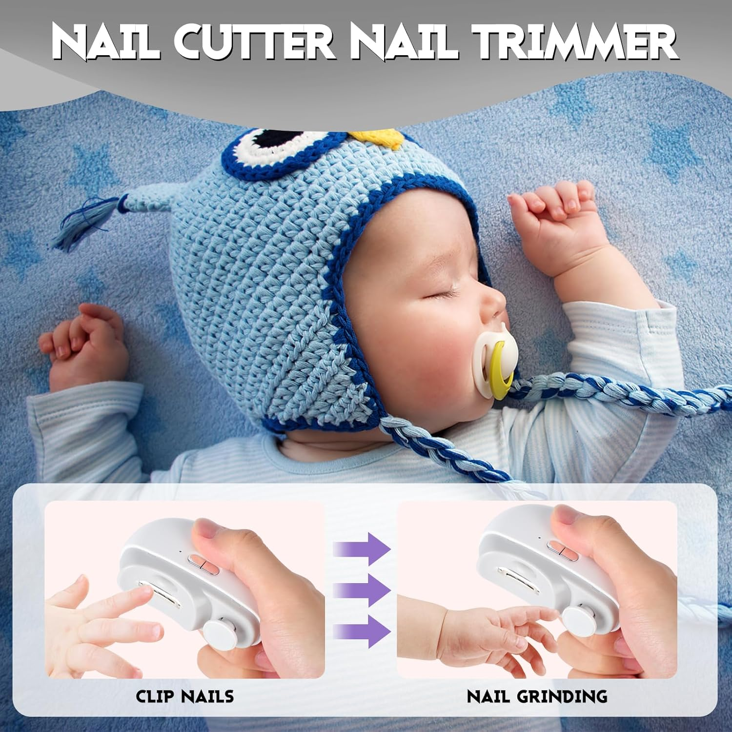 Ein Baby mit Mütze schläft, unten sind zwei Bilder von einer Nagelschere.