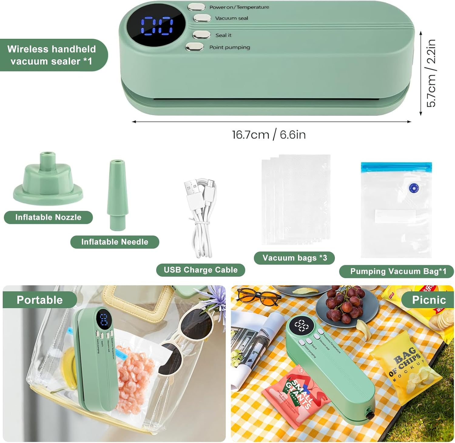 Grüner Vakuumierer mit Zubehör: Düsen, Kabel, Beutel. Zeigt portable und Picknick-Anwendung.