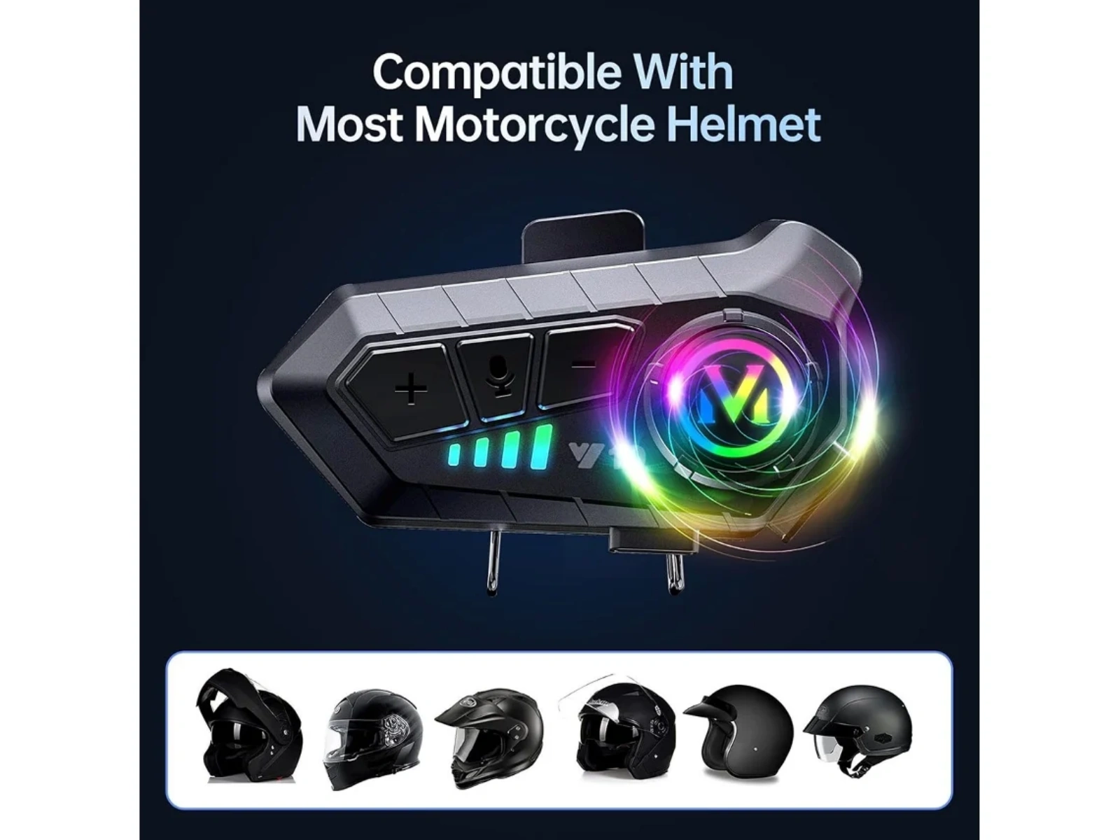 Motorradhelm-Kommunikator mit farbigen Lichtern und verschiedenen Helmtypen.