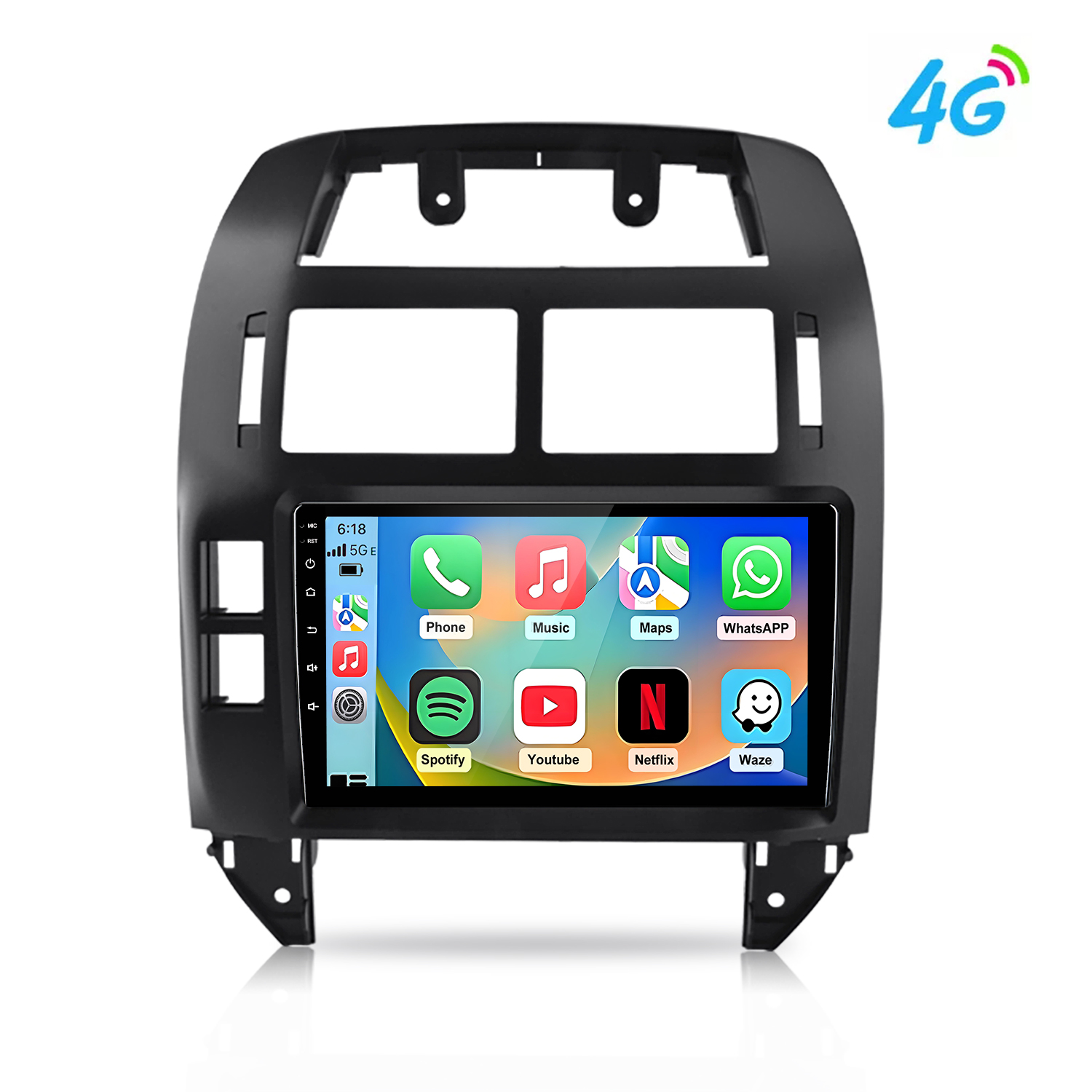 Ein schwarzer Auto-Infotainment-Bildschirm mit App-Symbolen und 4G-Logo.