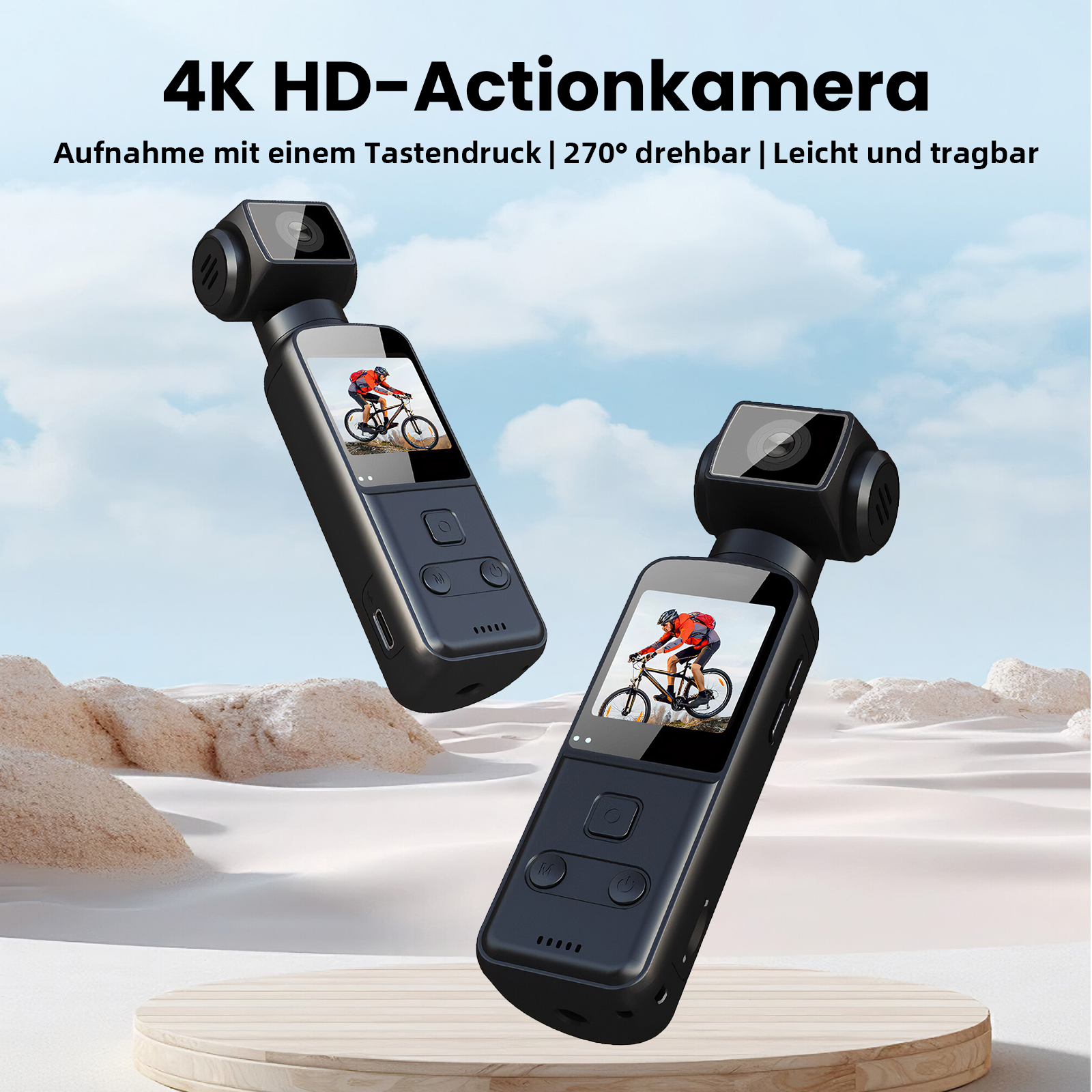 Zwei 4K Action Kameras im Sand, eine zeigt einen Radfahrer.