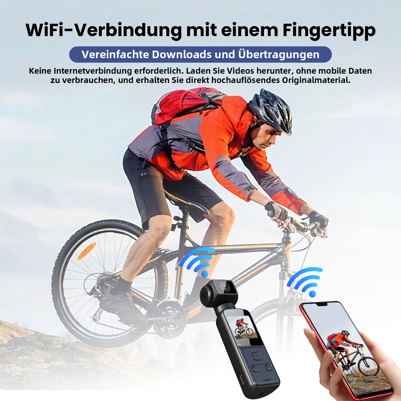 Ein Mann fährt Fahrrad, hält eine Kamera und ein Smartphone in der Hand.