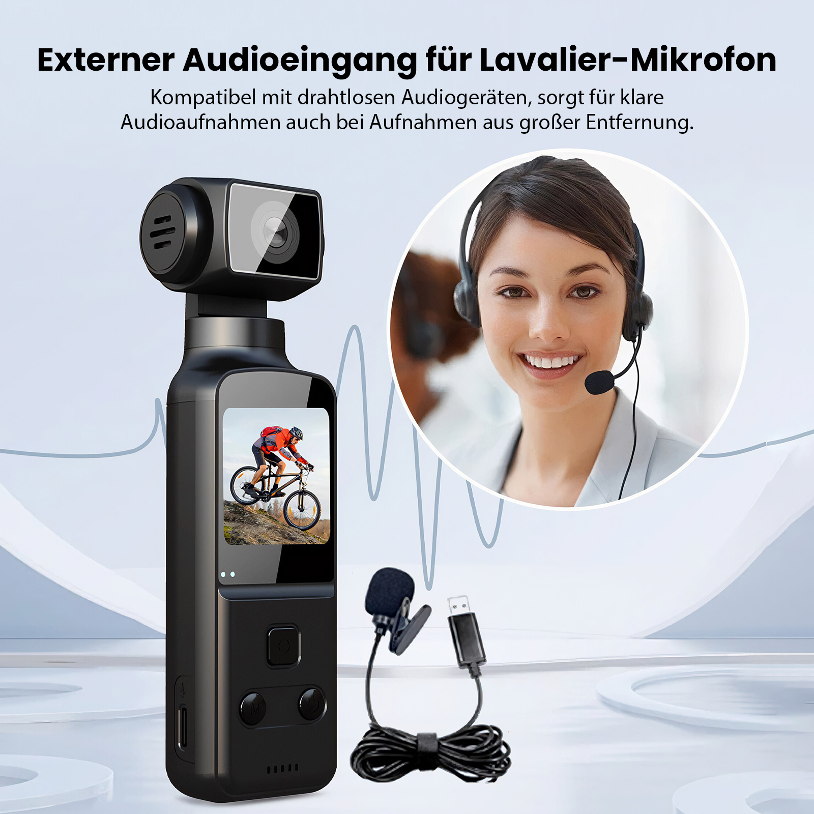 Kompakte Kamera mit Mikrofon daneben und einer Frau mit Headset.