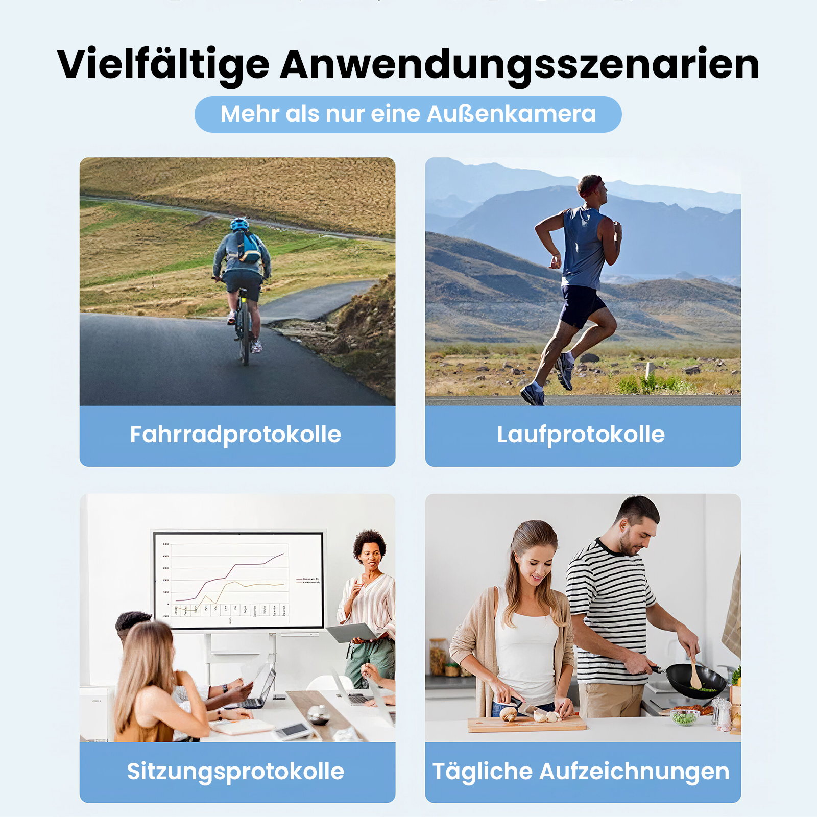 Vier Szenarien: Radfahren, Laufen, Meeting, Kochen.