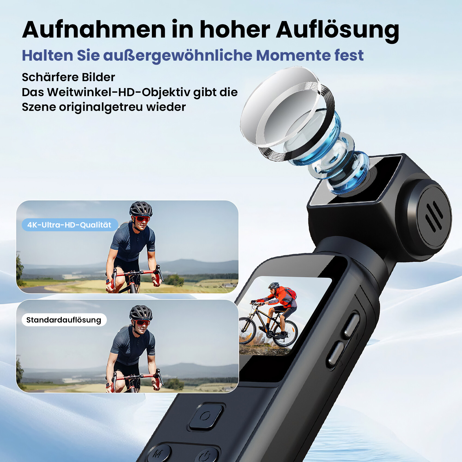 Kamera mit Weitwinkelobjektiv zeigt Radfahrer in 4K & Standardauflösung.