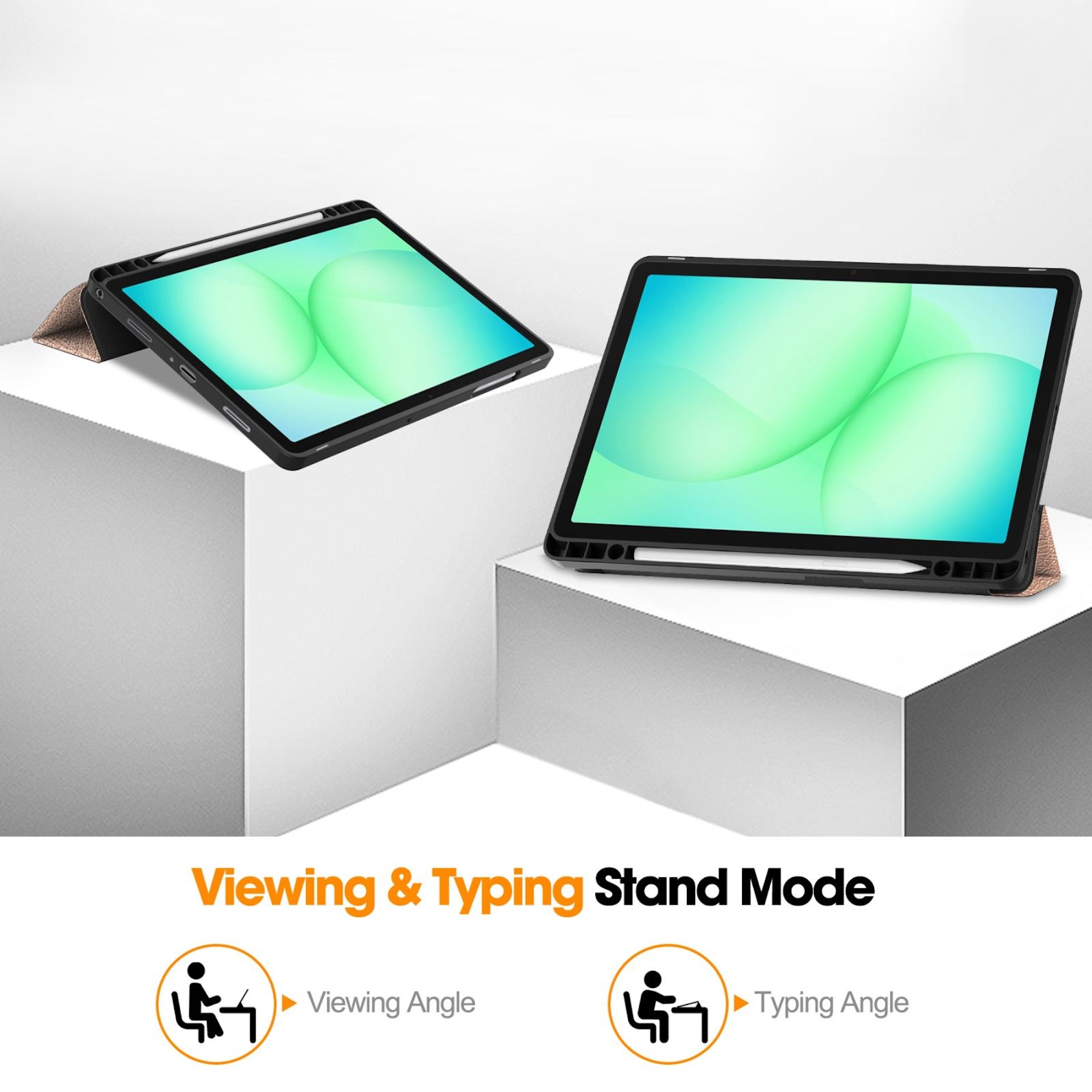 Zwei Tablets in schwarzen Hüllen auf weißen Podesten, zeigen Ansicht und Tippmodus.