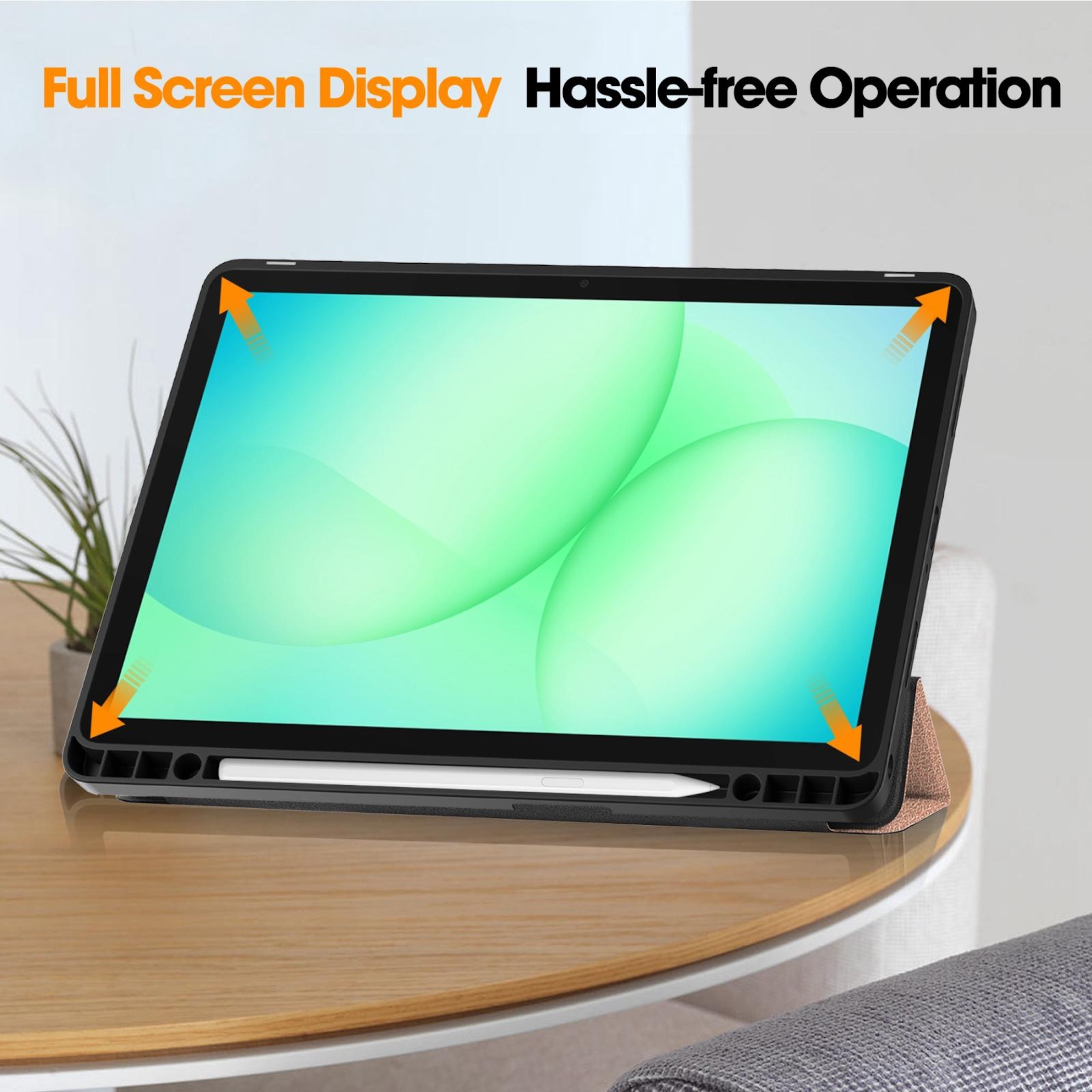 Ein Tablet mit Stift in einer Hülle auf einem Holztisch, mit Pfeilen, die auf den Bildschirm zeigen.