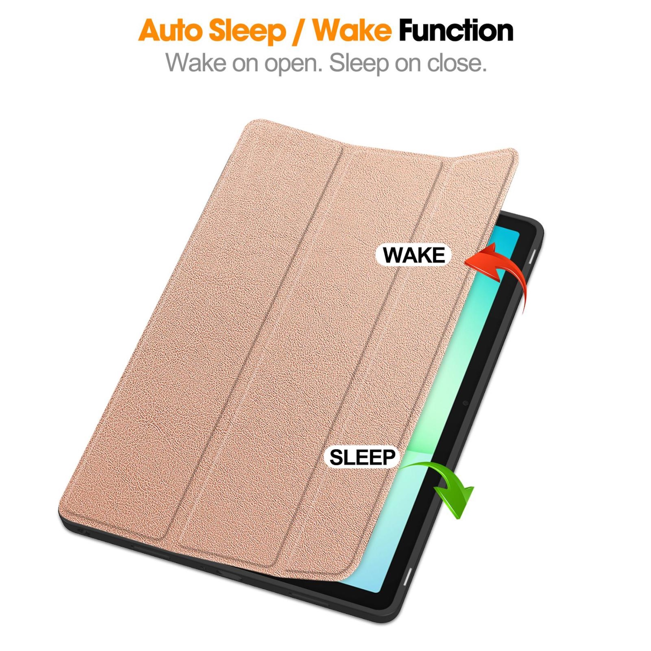 Ein roségoldenes Tablet mit Hülle, das Auto-Sleep/Wake zeigt.
