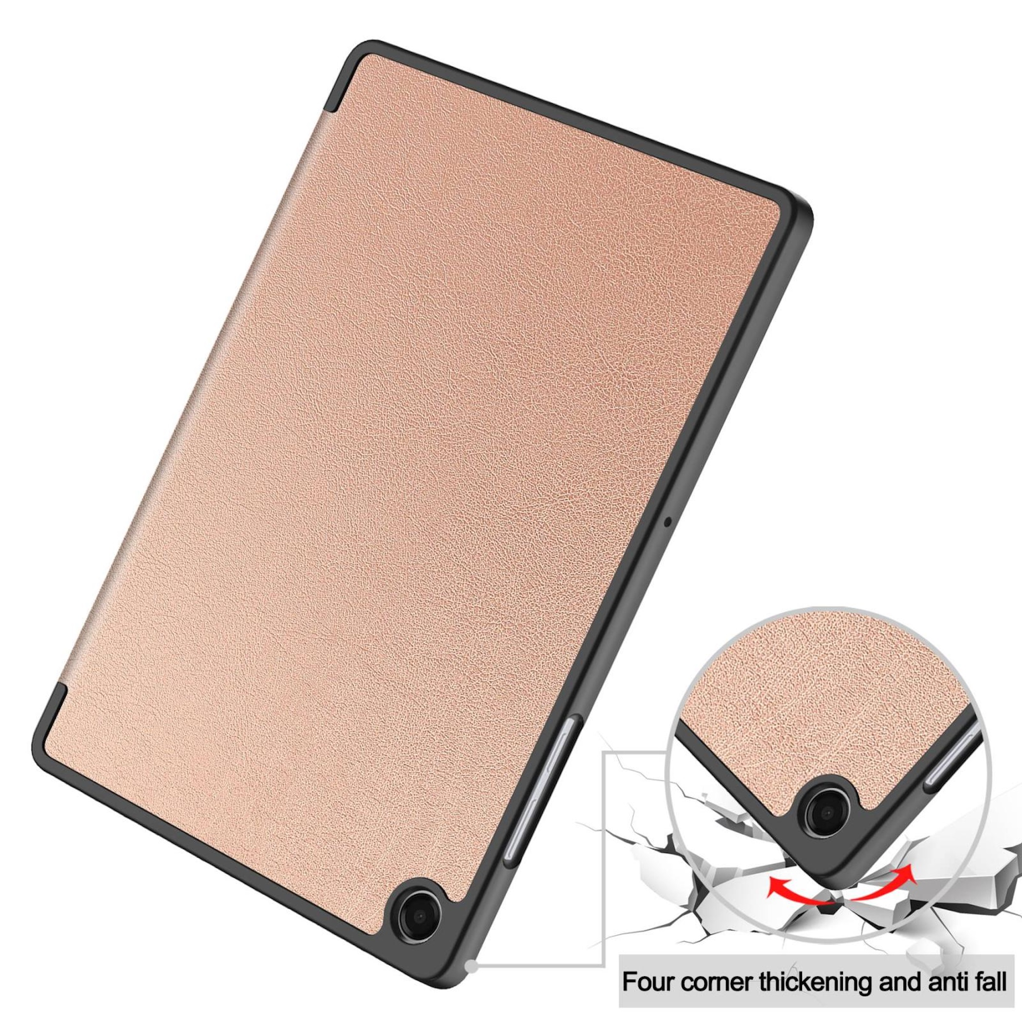 Ein roségoldenes Tablet mit schwarzem Rand. Nahaufnahme zeigt Eckenschutz.