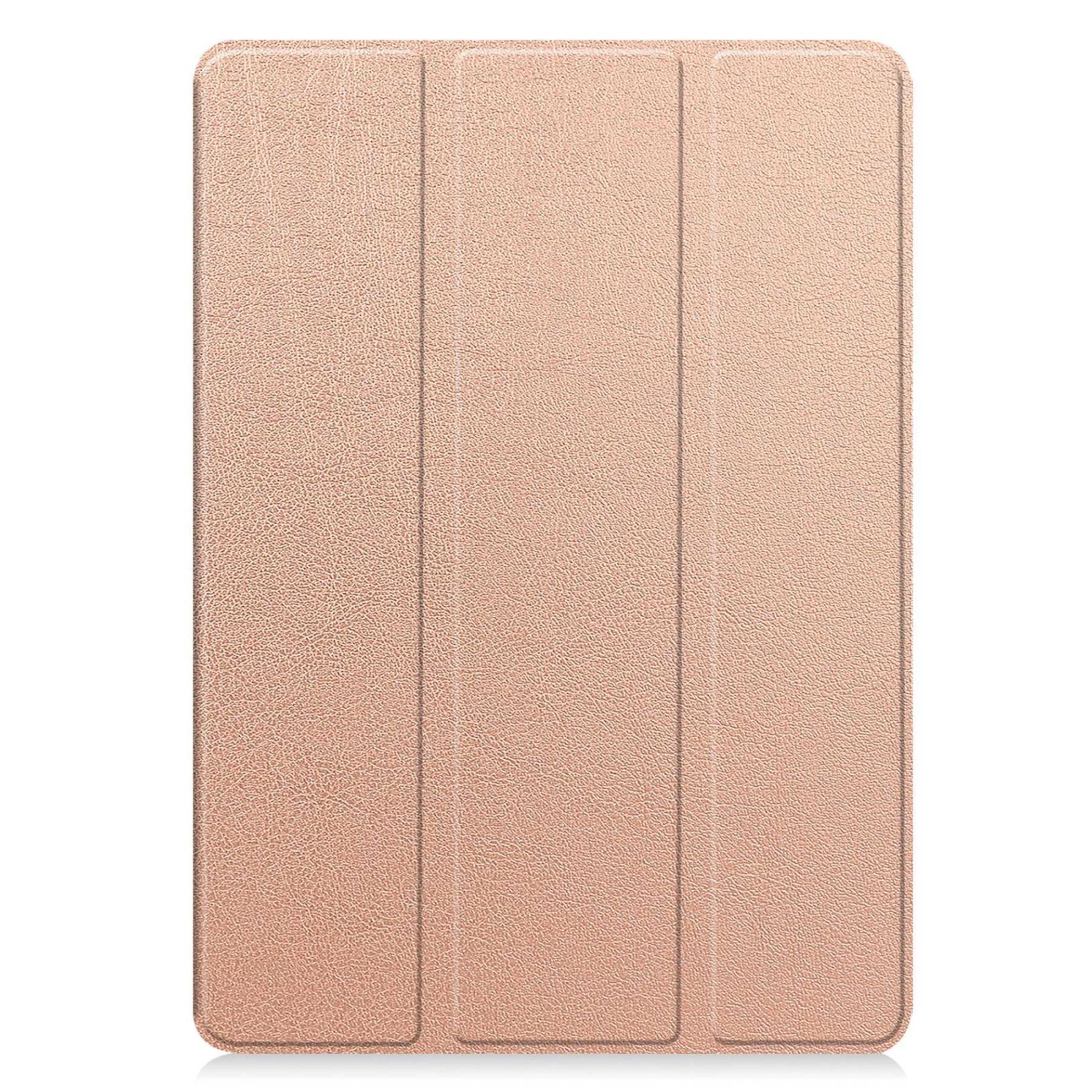 Eine roségoldene Tablet-Hülle mit drei Faltlinien ist auf weißem Hintergrund zu sehen.