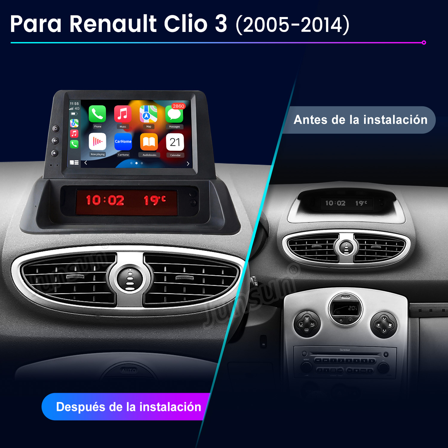 Vista previa y posterior del salpicadero de un Renault Clio 3 con nuevo sistema multimedia.