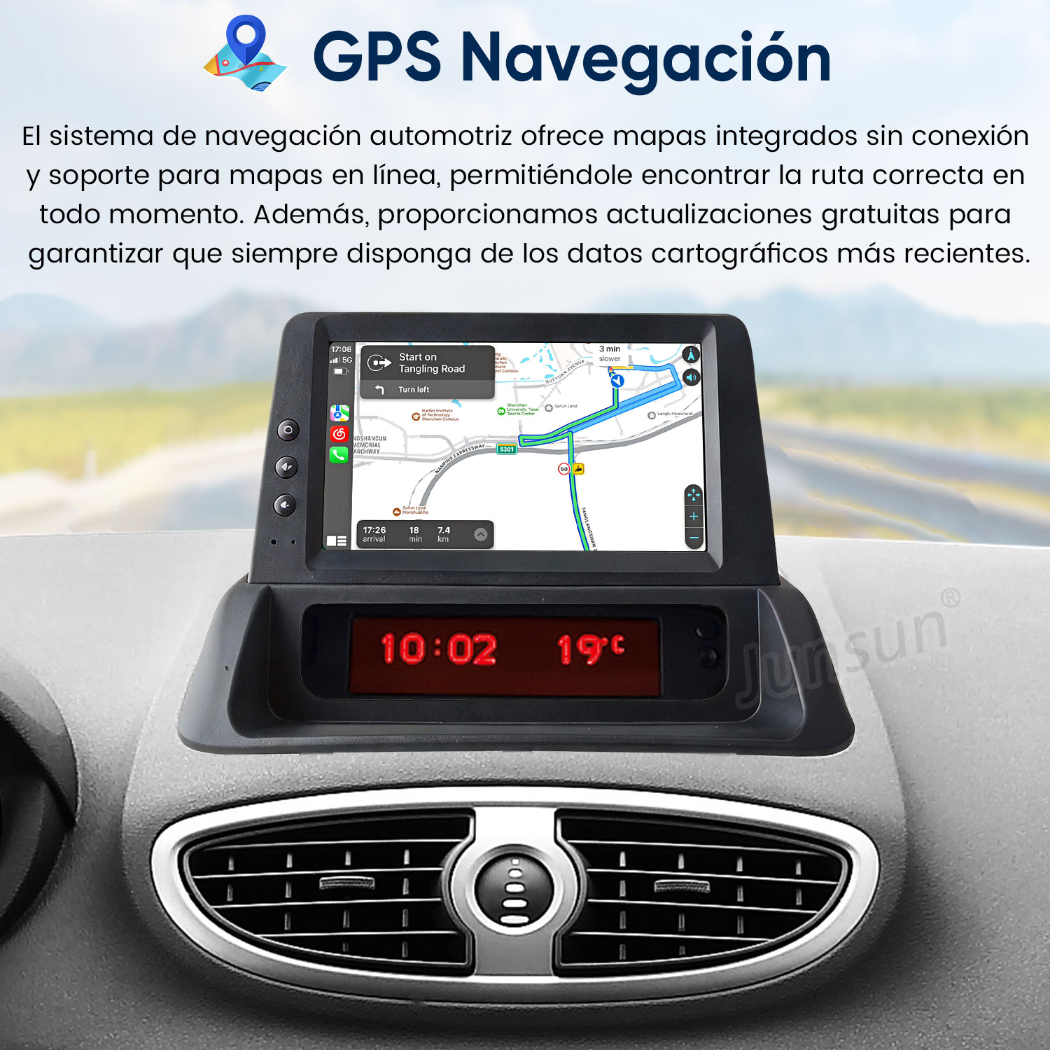 Salpicadero de coche con pantalla de navegación GPS, hora y temperatura.