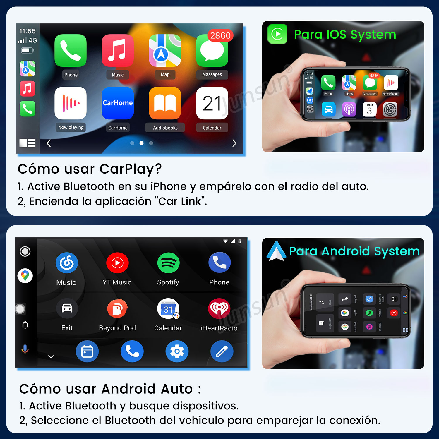 Interfaces CarPlay y Android Auto en una pantalla con iconos de apps e instrucciones.