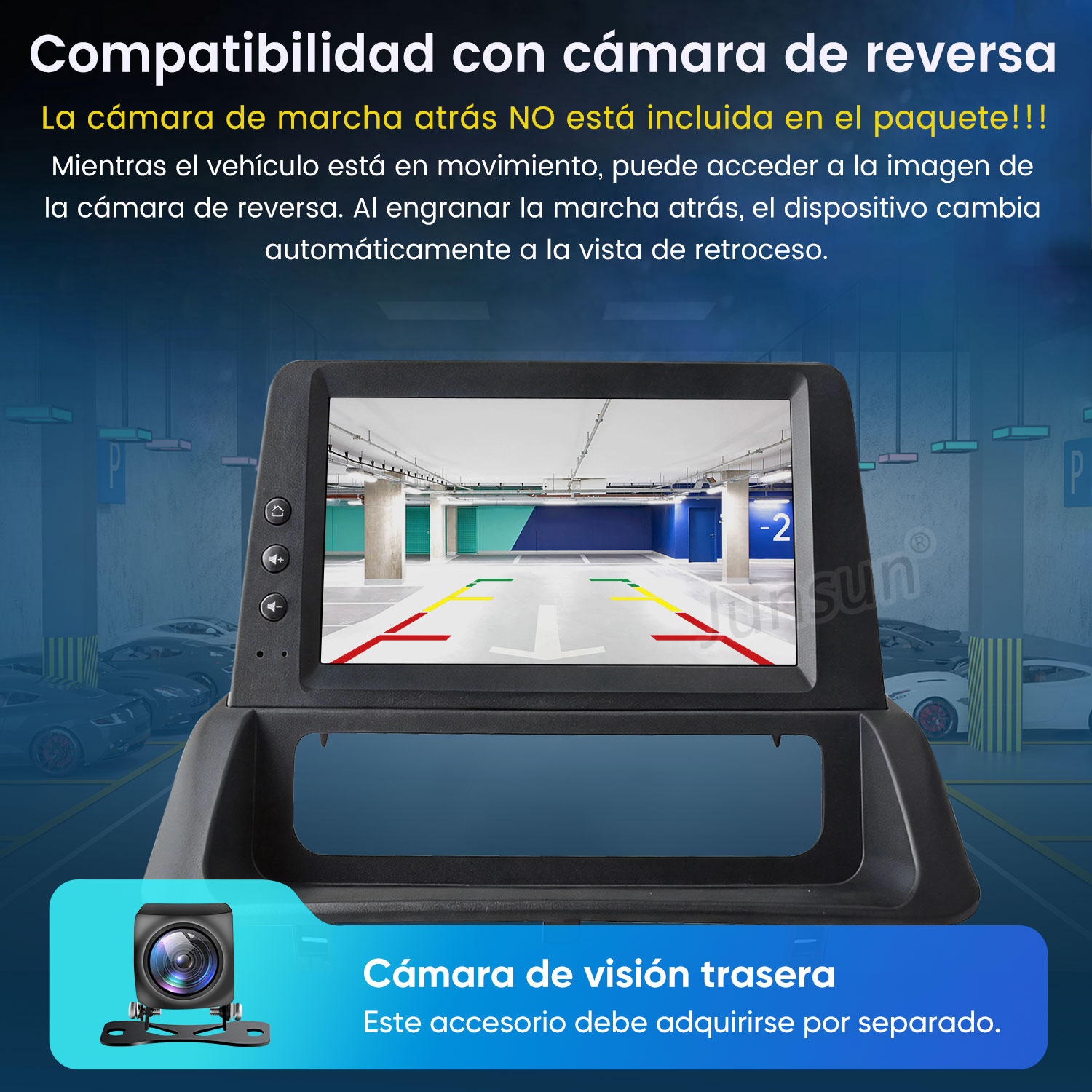 Una pantalla de cámara trasera muestra un garaje con líneas guía.