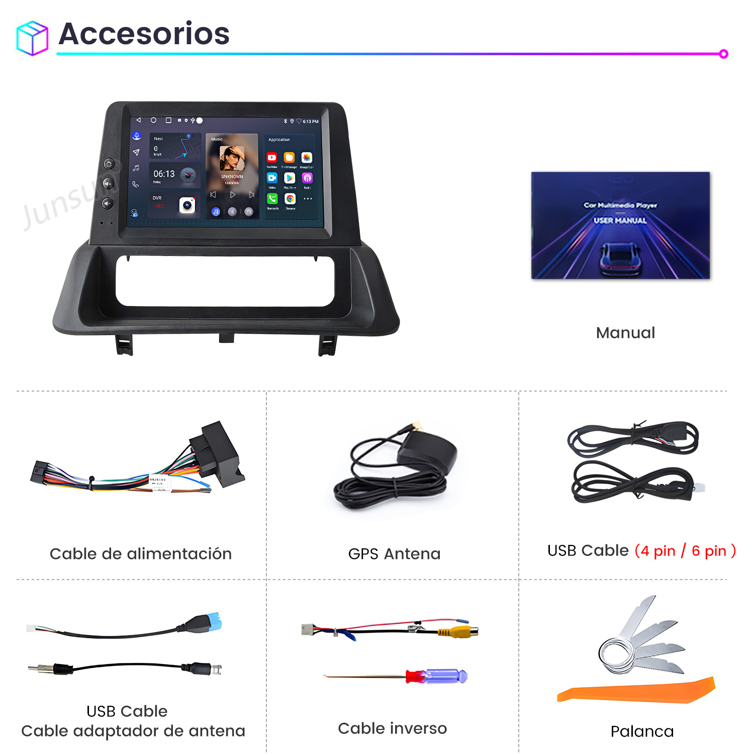 Accesorios radio coche: pantalla, cables, antena, USB, herramientas.