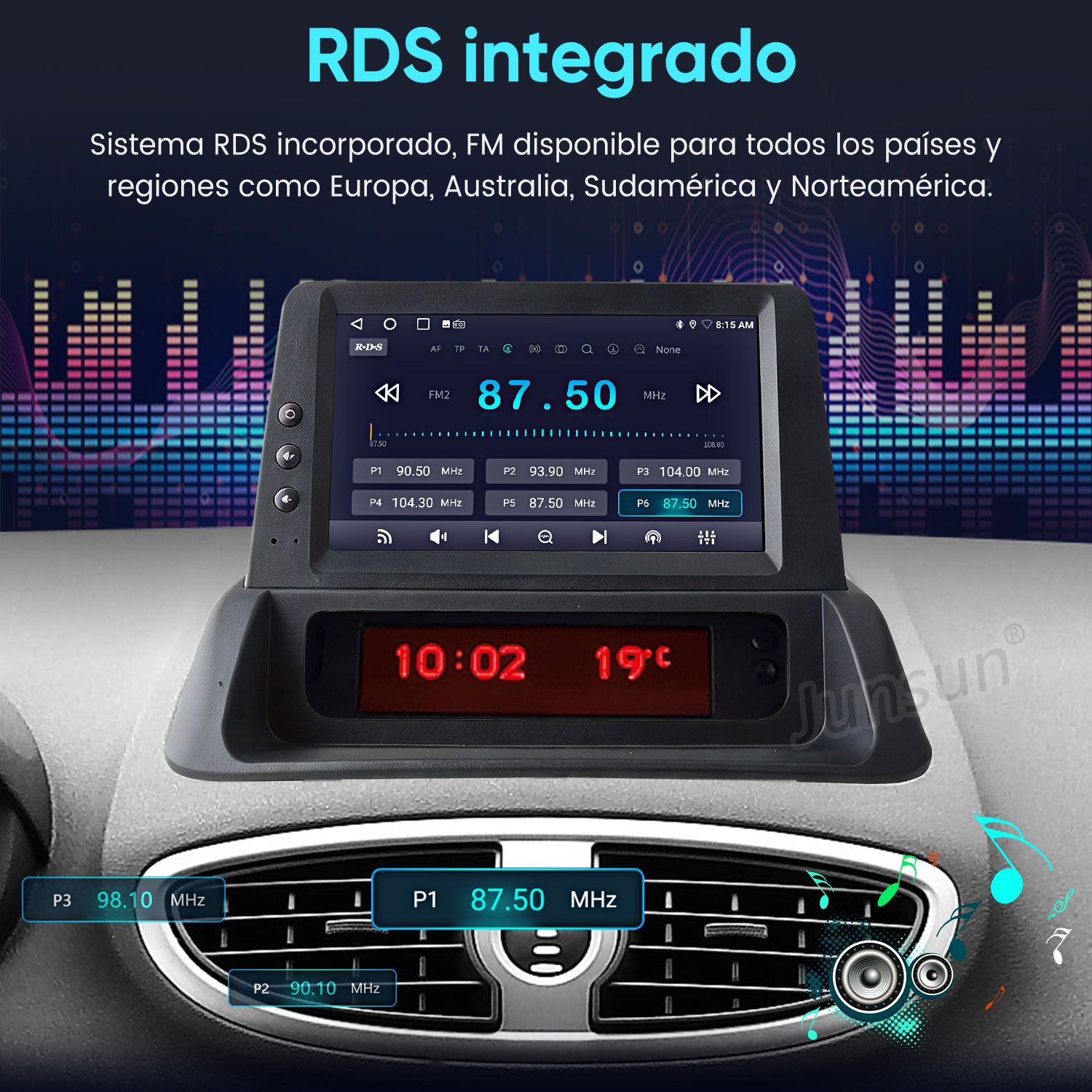 La imagen muestra el salpicadero de un coche con pantalla de radio RDS.