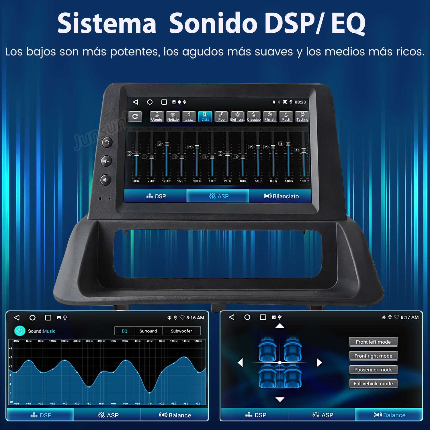La pantalla del estéreo del coche muestra ajustes de EQ, curva de frecuencia y modos de asiento.