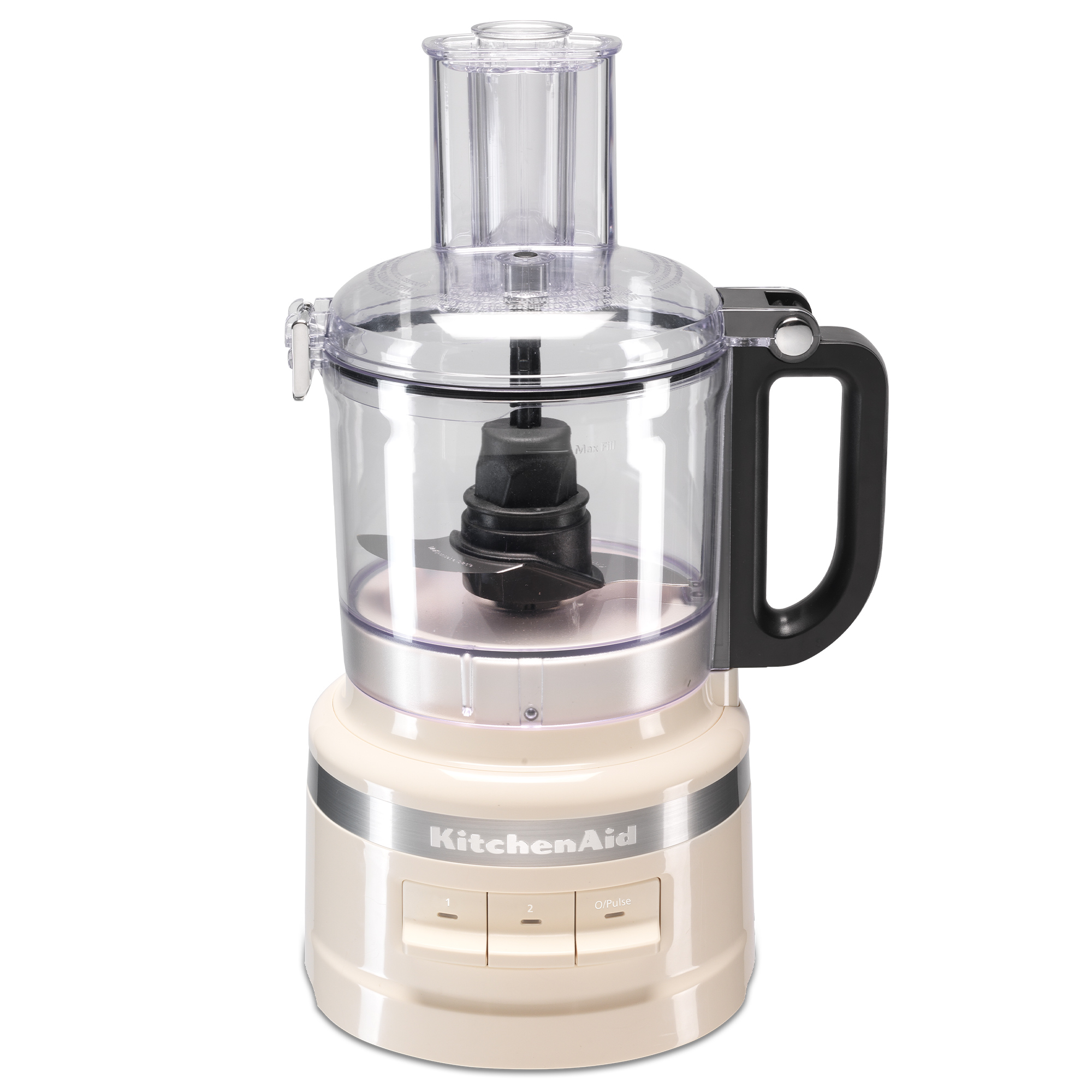 Beiger KitchenAid-Zerkleinerer mit schwarzem Griff und transparentem Deckel.