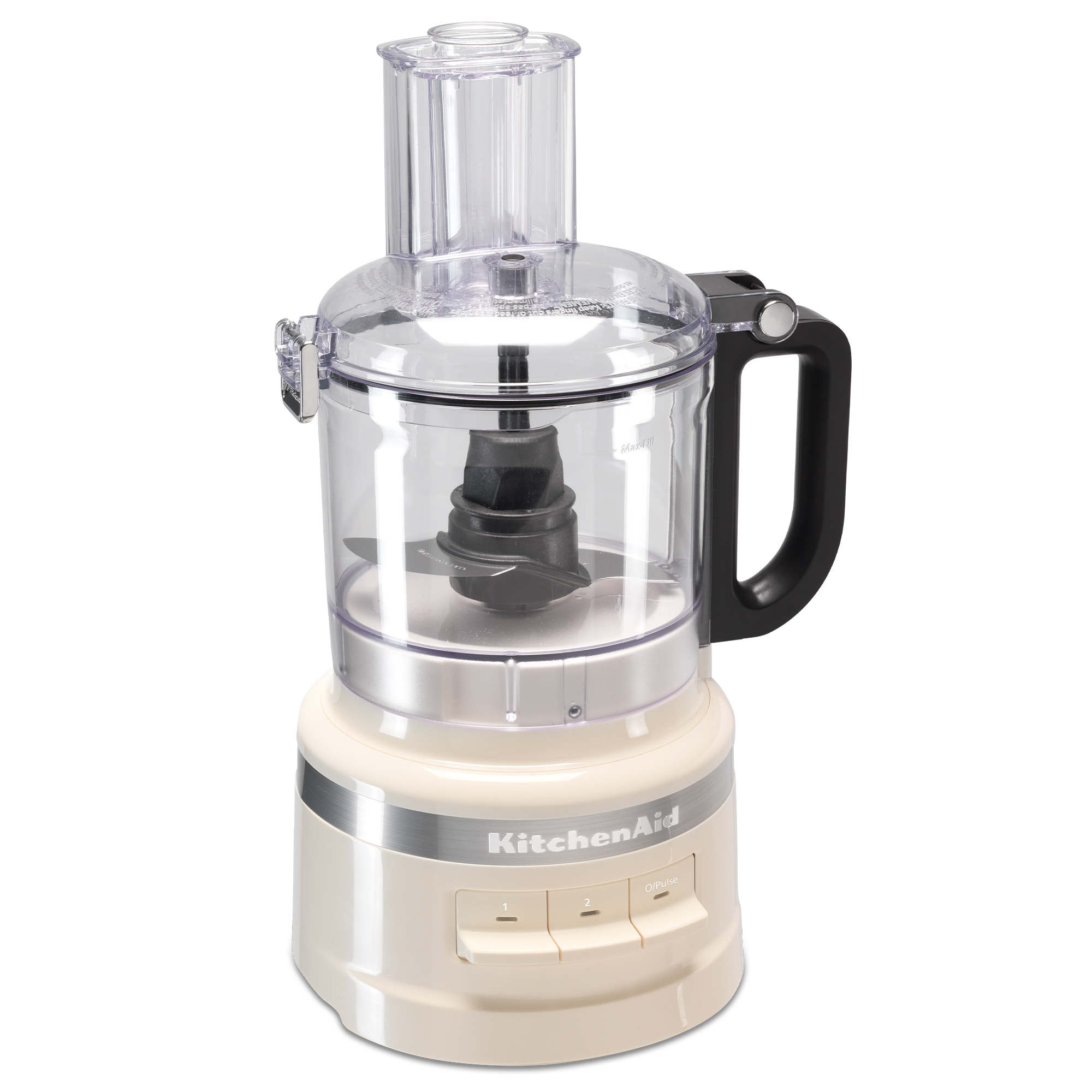 Eine cremefarbene Küchenmaschine mit transparentem Behälter und schwarzem Griff.