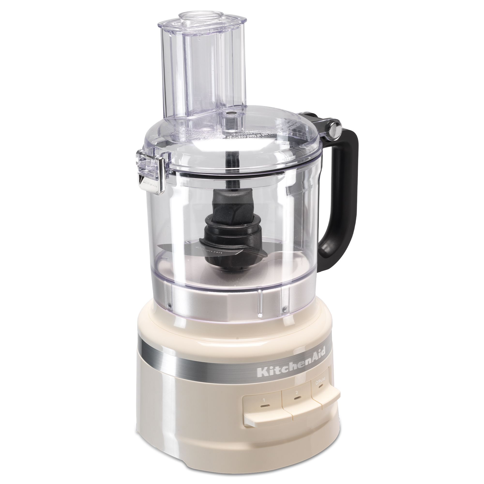 Eine cremefarbene Küchenmaschine mit durchsichtigem Behälter und schwarzem Griff.