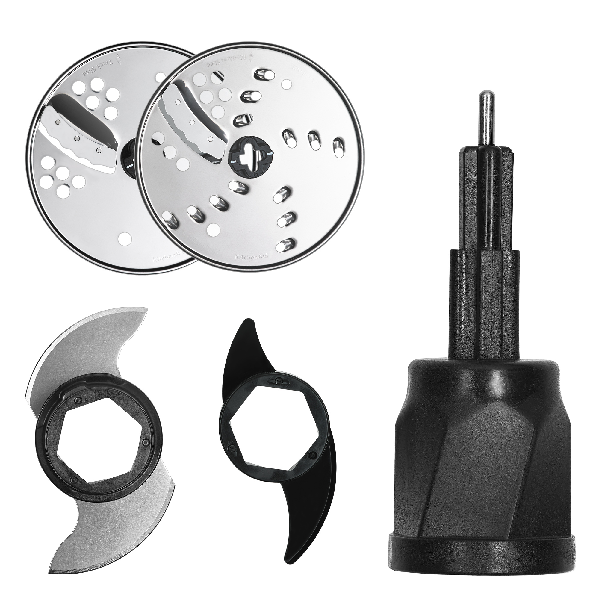 Küchenmaschinenaufsatz mit drei Scheiben und einem schwarzen Messer.