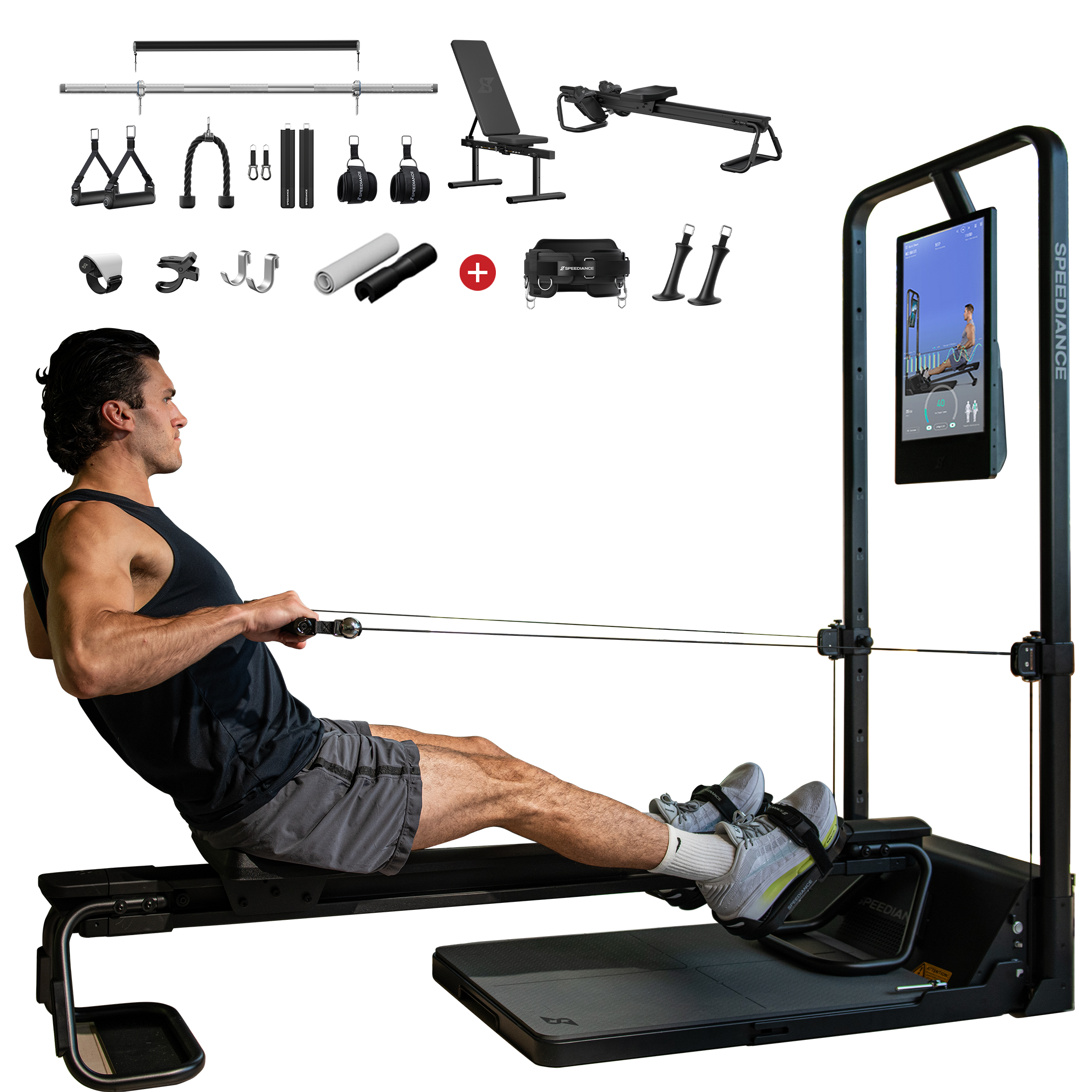 Mann rudert auf einem schwarzen Ergometer mit integriertem Bildschirm, Zubehör im Hintergrund.