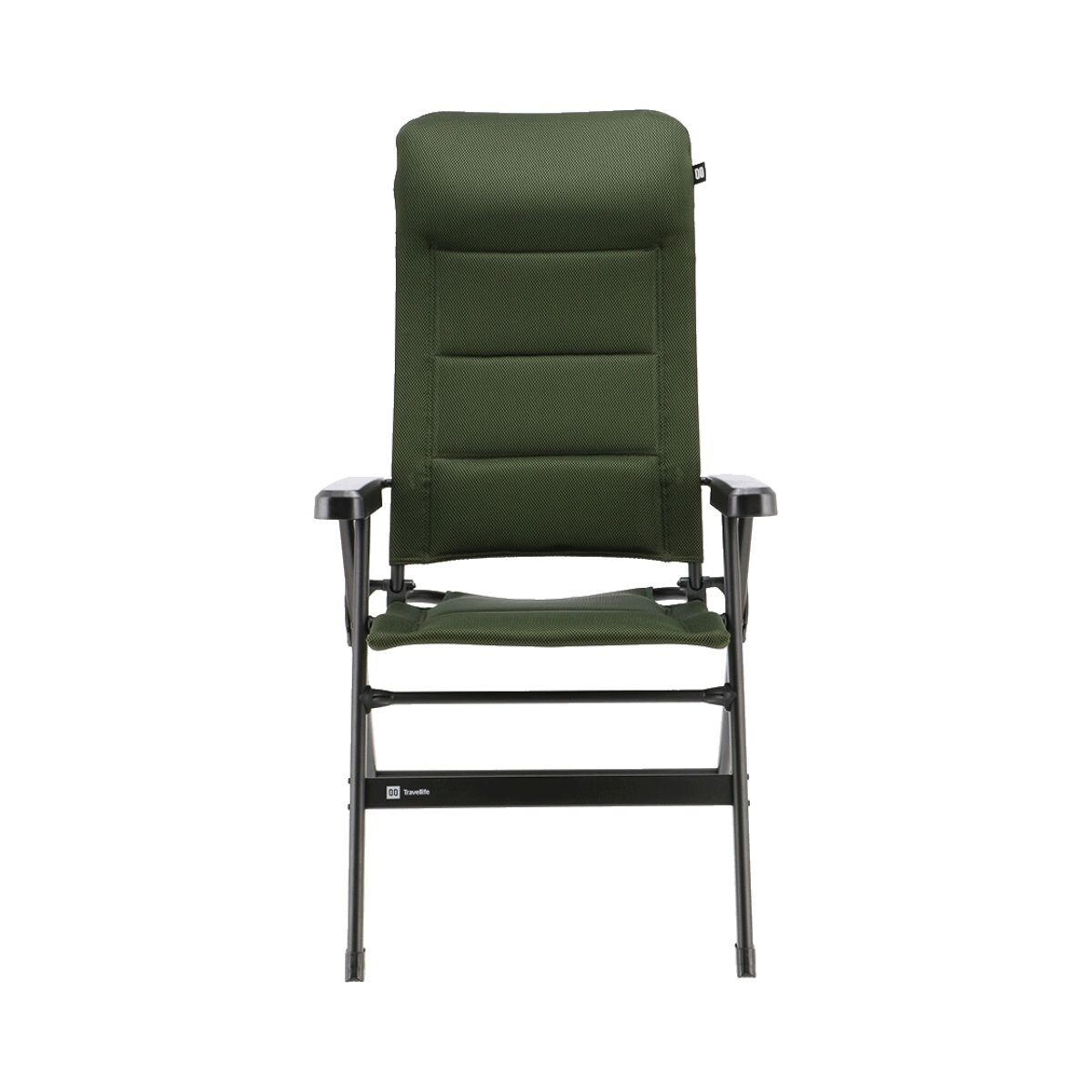 Een donkergroene, opvouwbare stoel met hoge rugleuning, stoffen zitting en zwart metalen frame.