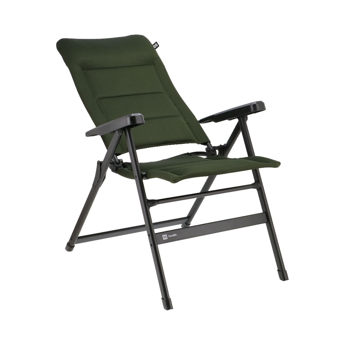 Groene klapstoel met zwart metalen frame en armleuningen.