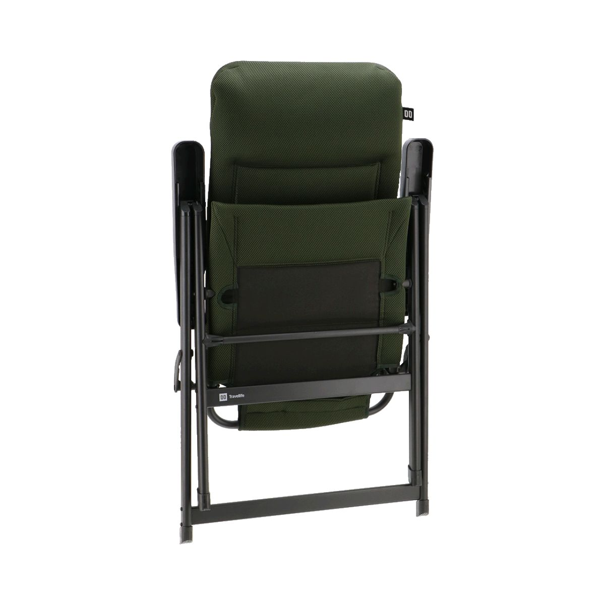 Achterkant van een groene klapstoel met zwart metalen frame.